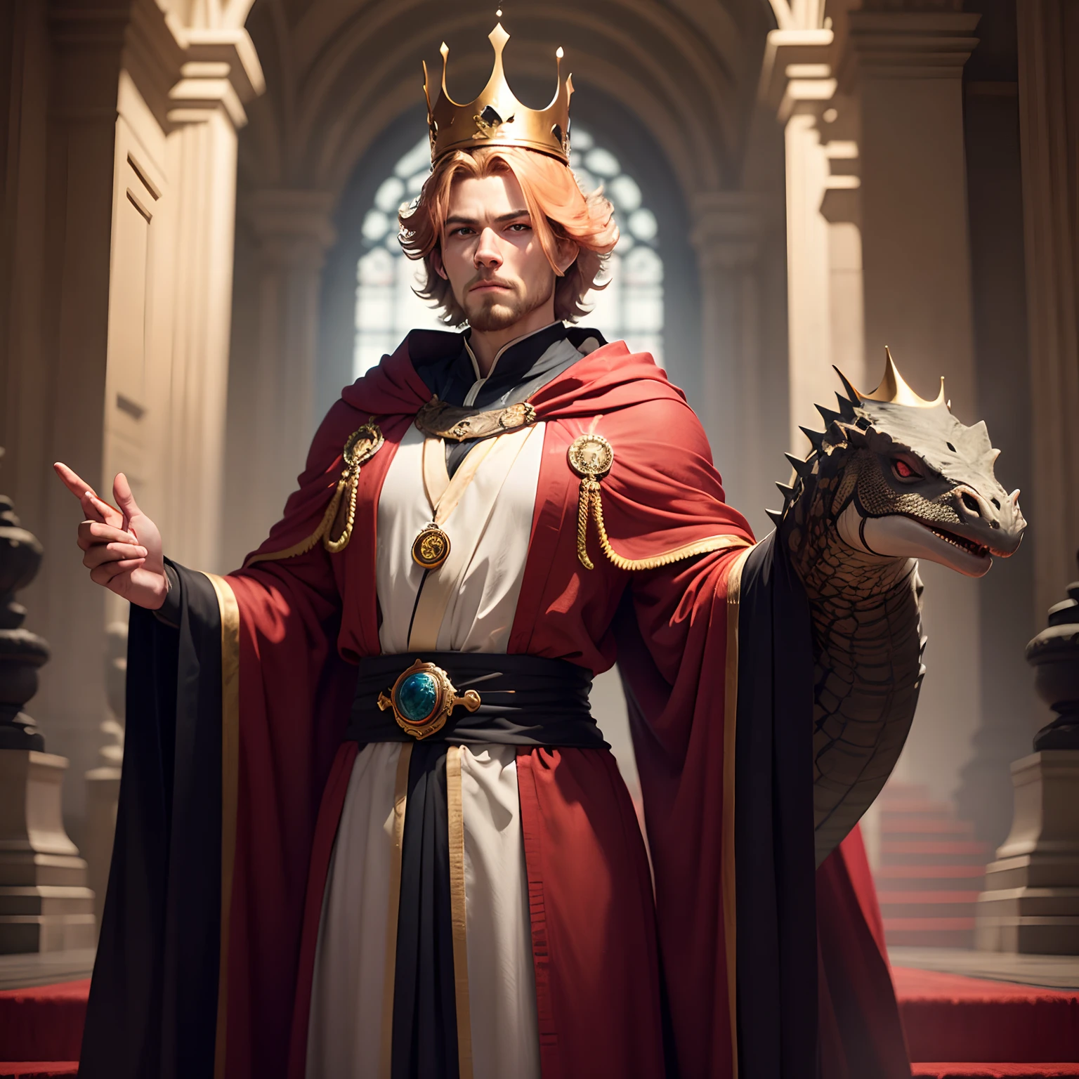 King, 1 man, 2 komodo, thrown, red carpet, blode hair, blue eyes, strong, piwerful, robes, crown, majestic
