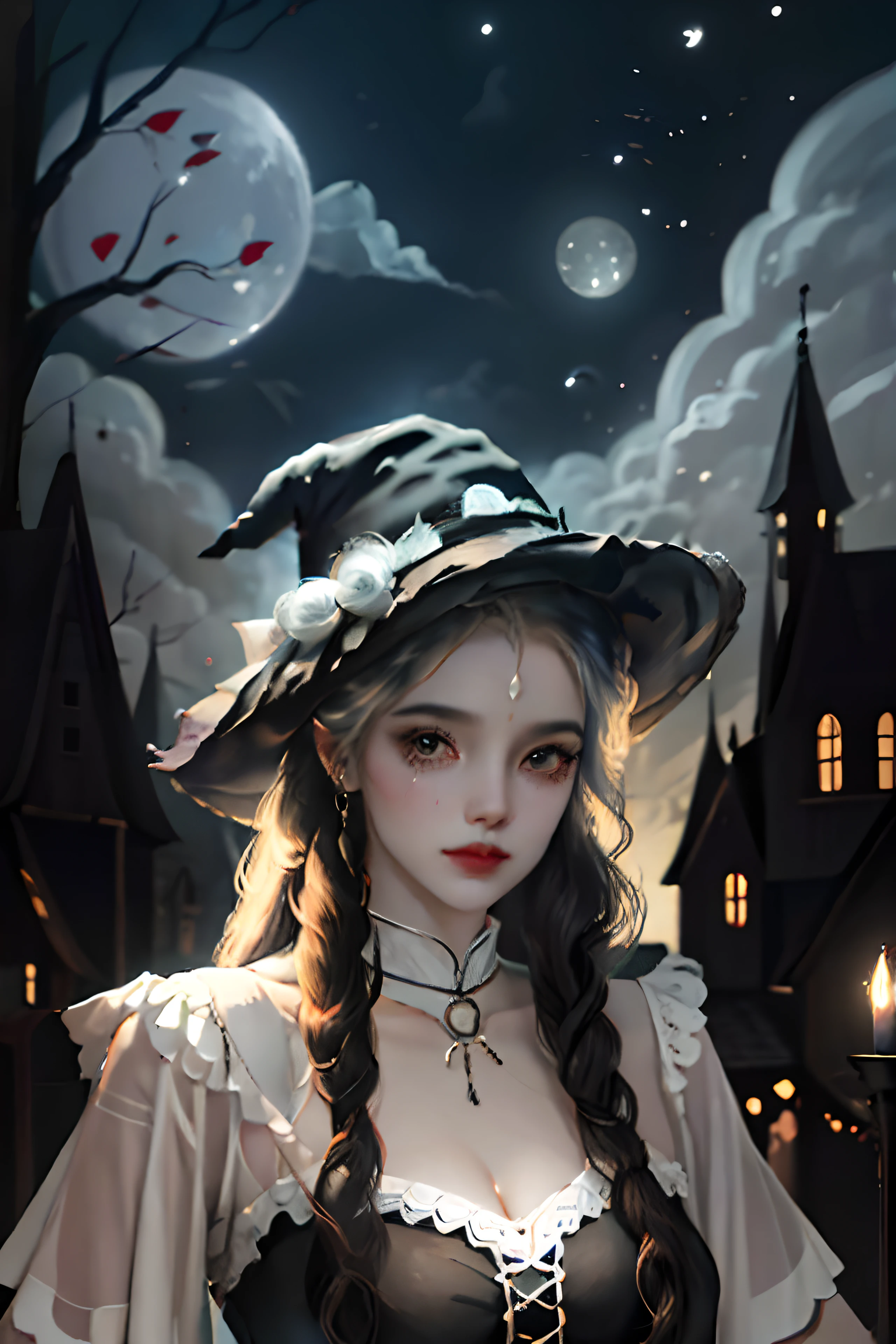 An adorable black cat witch flying on broomstick, spooky house, on white back ground, printable