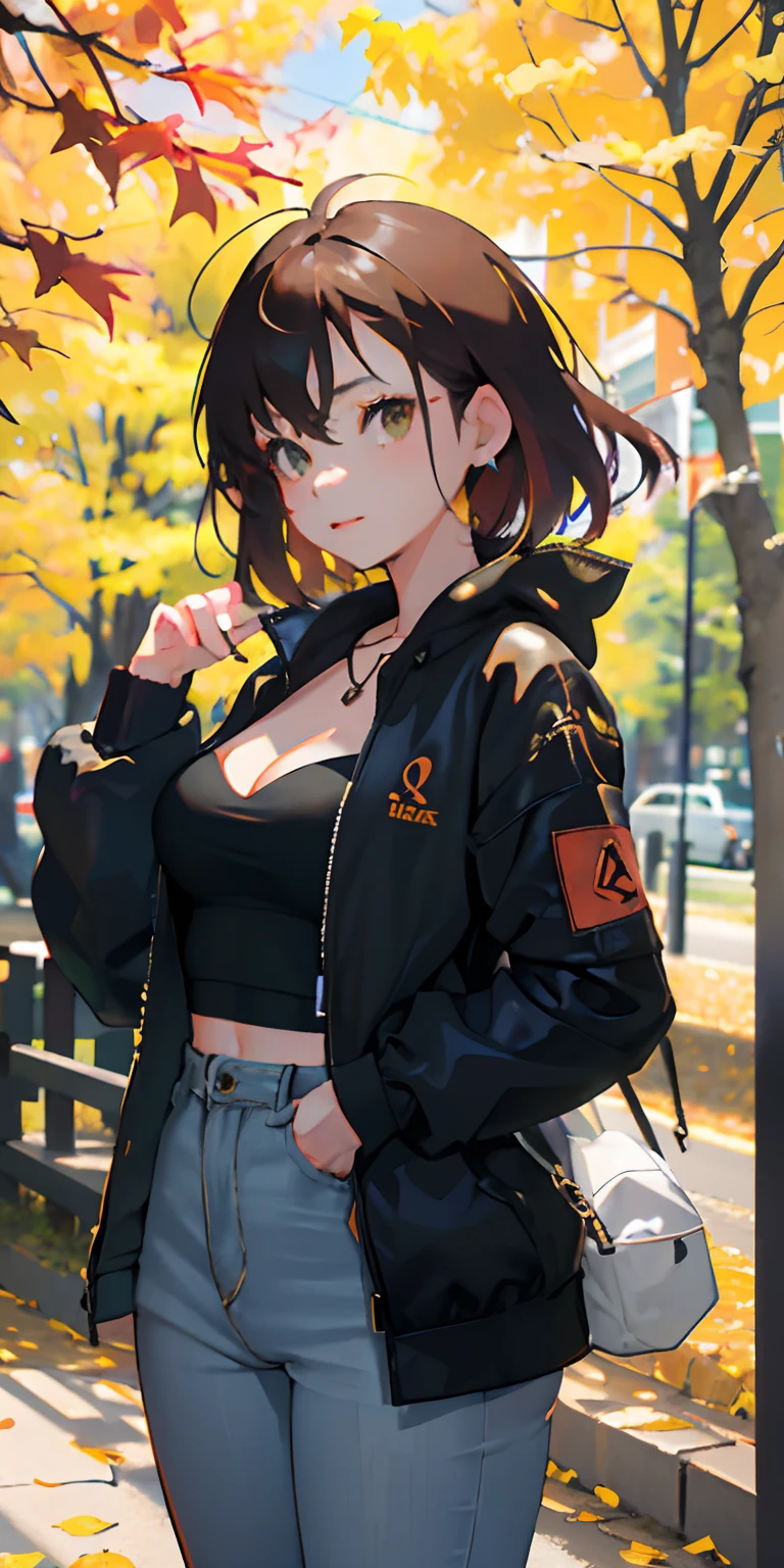 1girl, fox ears, fox tail, brown hair, very short hair, parted hips, breasts, large breasts, thick thighs, belt, cropped shirt, cropped jacket, brown jacket, white shirt, black shorts, shorts, choker