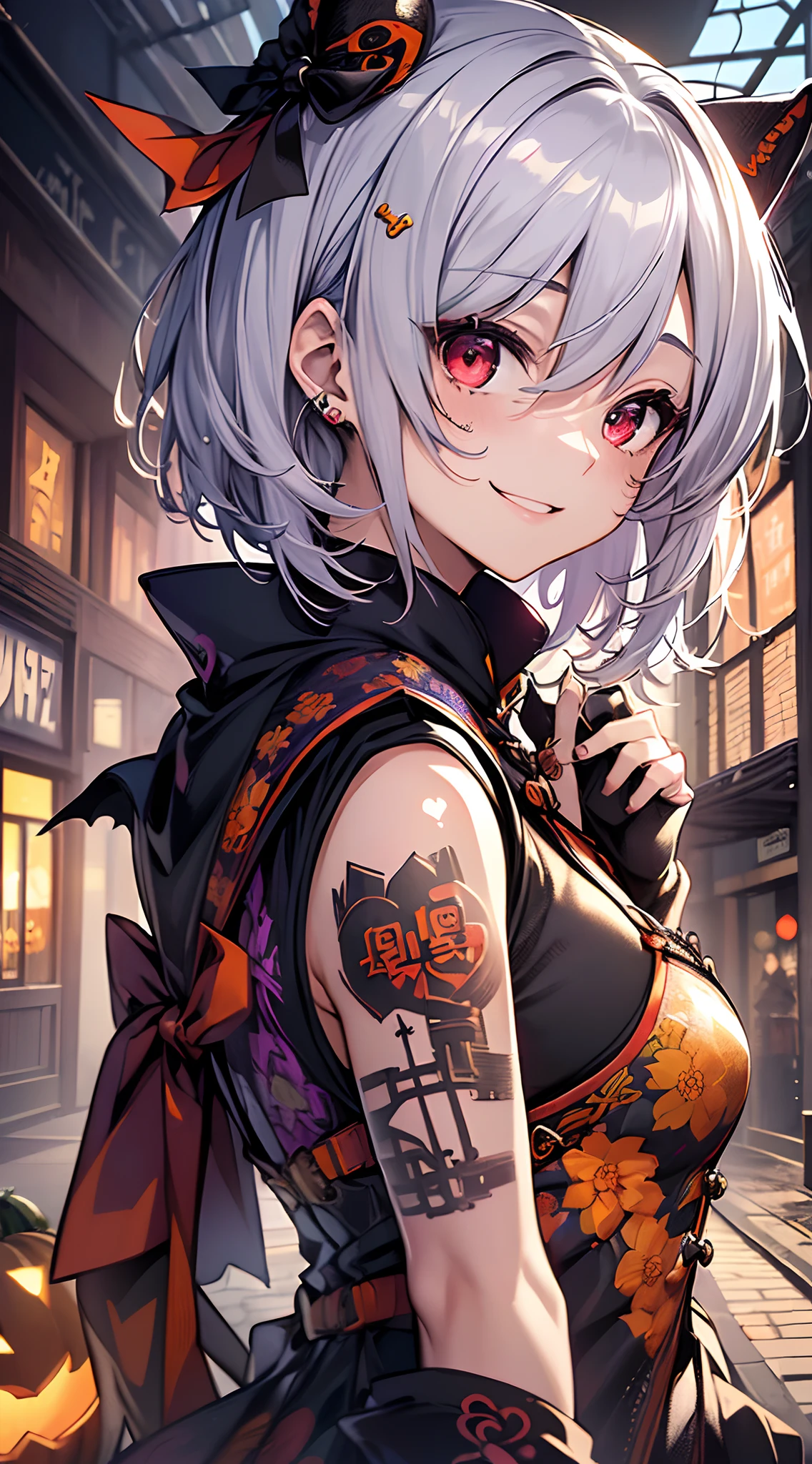 top-quality、Top image quality、in 8K,4K,masterpiece、(NSFW:1.1)、ultra-detailliert、Beautiful、ultra-quality、adult-like、Cool、girl with(((18year old、Halloween Costumes、Cheongsam 1:3、Bust 78、silber hair、a short bob、Red Eyes、erotick:1.4、Happiness、The tattoo)))、hiquality、visualart、Background with((Halloween 1.3))、masutepiece