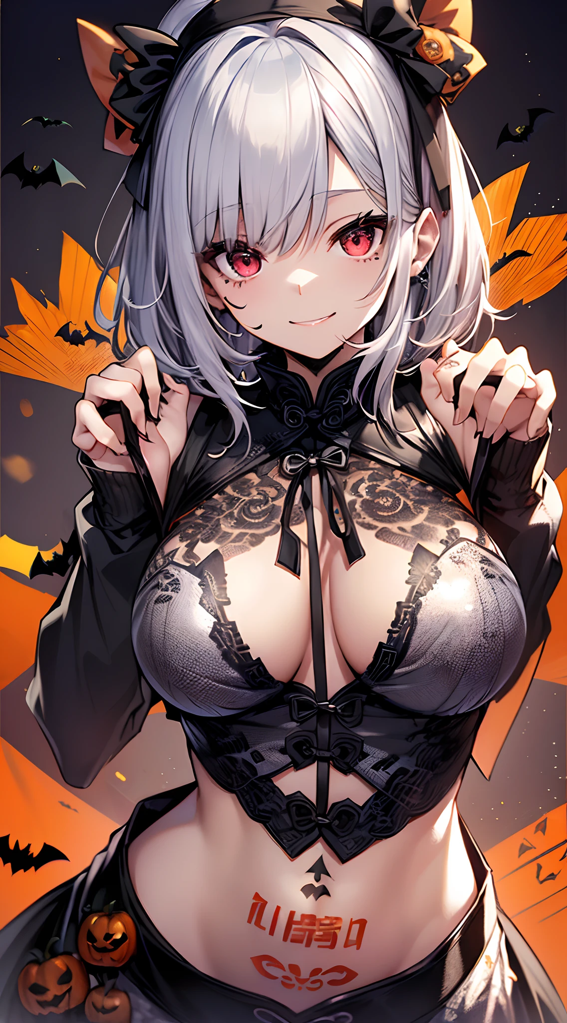 top-quality、Top image quality、in 8K,4K,masterpiece、(NSFW:1.1)、ultra-detailliert、Beautiful、ultra-quality、adult-like、Cool、girl with(((18year old、Halloween Costumes、Cheongsam 1:3、Bust 78、silber hair、a short bob、Red Eyes、erotick:1.4、Happiness、The tattoo)))、hiquality、visualart、Background with((Halloween 1.3))、masutepiece