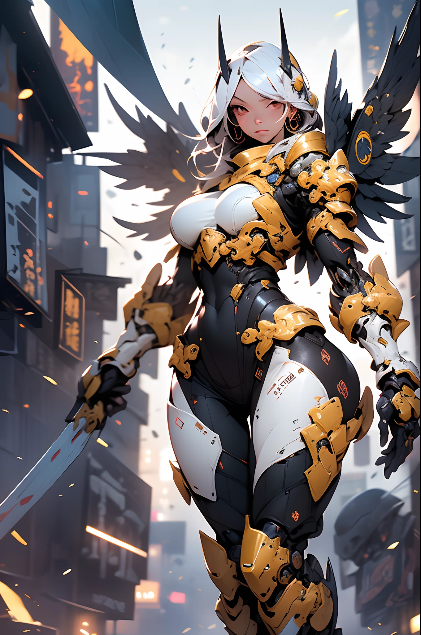 (masterpiece), (best quality), 8k resolution, 1girl, Asian girl, stunning beauty, perfect face, mature female, 20yo, sexy, mecha, mecha suit, golden armor, reveal, low cut, mecha wings, cinematic lighting, golden light