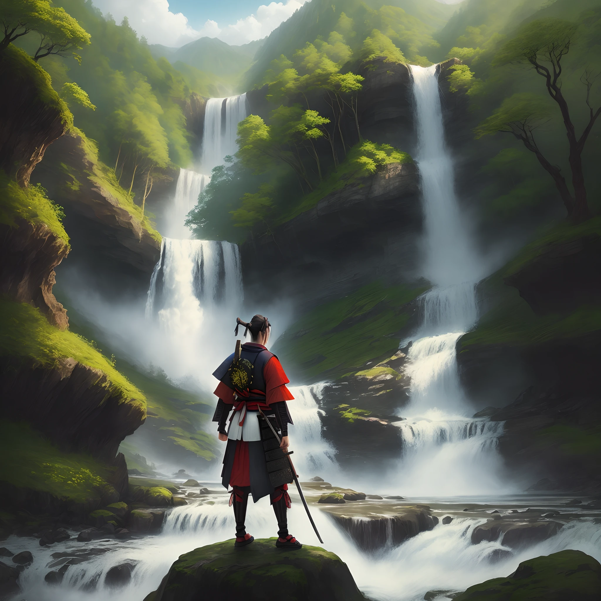 Samurai with nature and waterfalls