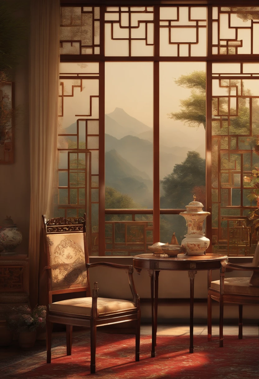 Chinese scene,Vintage furniture,There are flowers on it,Used Classical Aesthetics,oriental wallpaper,Antique rhyme,Chinese painting style,Soft light and light tones,inspired by Emperor Huizong of Song,high-definition picture quality,4k