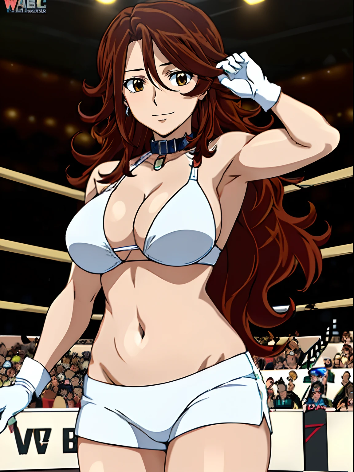 (wwe diva), body view, anime style: 1.8, anime drawing, ultra detailed face, ultra detailed body, 4k, Sumergai Lee Noriega, (standing), best quality, anime style, hires, highest definition, digital blending, bold drawing lines, ((wwe diva), (location: wrestling arena, crowds watching), ( slim body, little biceps, thighs, off-shoulders, (curvy: 2.8)), ((white bikini, shorts, groin, , white gloves, collar)), victorious, winner, gentle, (big breasts, smile), (big eyes, brown eyes), (clapping), (brown hair, loose hair, curly hair, wavy hair, long hair, missy hair), 27 years old, (flexing both arms)