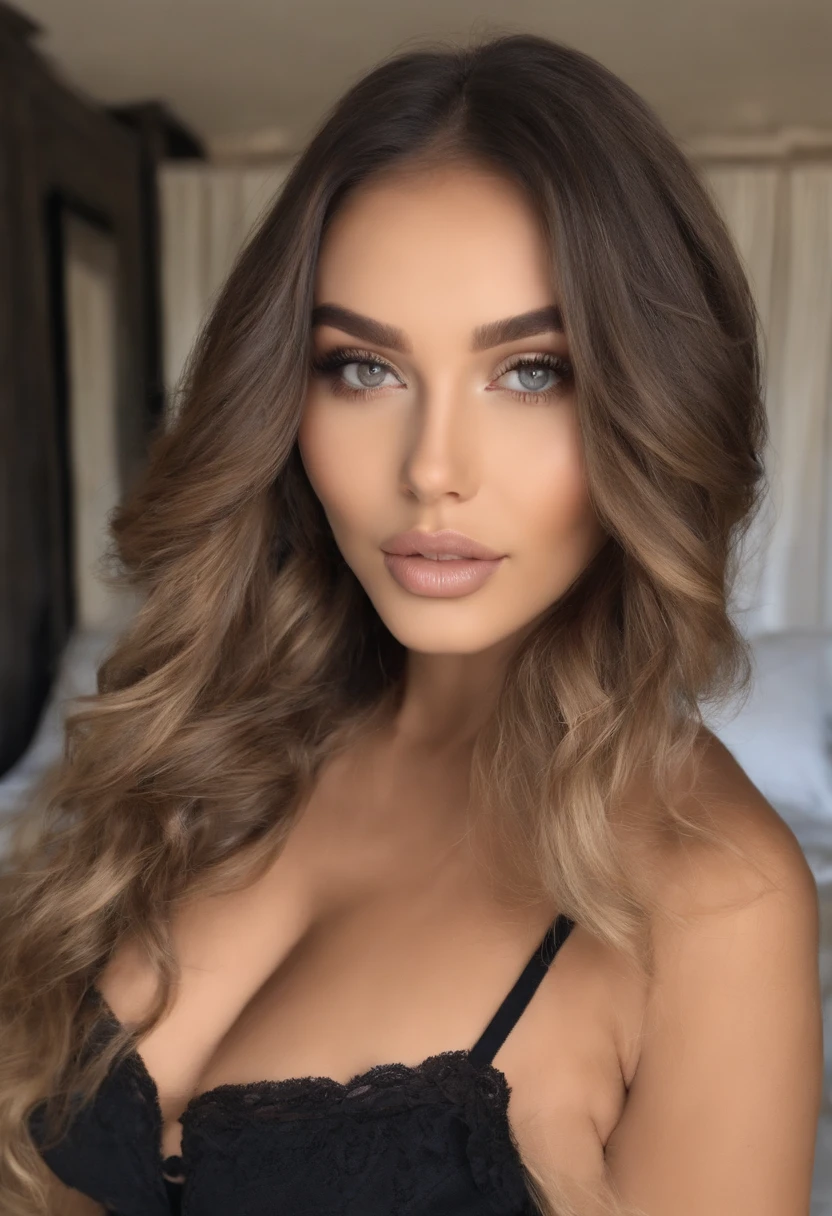 mulher arafed totalmente , com olhos azuis, ultra realistic, meticulosamente detalhado, Retrato Sophie Mudd, cabelos loiros e olhos grandes, corpo inteiro, Olhos do quarto, Violeta Myers, sem maquiagem, maquiagem natural, Looking directly at the camera, Rosto com ArtGram, maquiagem sutil, impressionante tiro de corpo inteiro em um quarto, no quarto de cama, medium to large bust, lingerie de seda preta, sem calcinha. Pernas na cama.