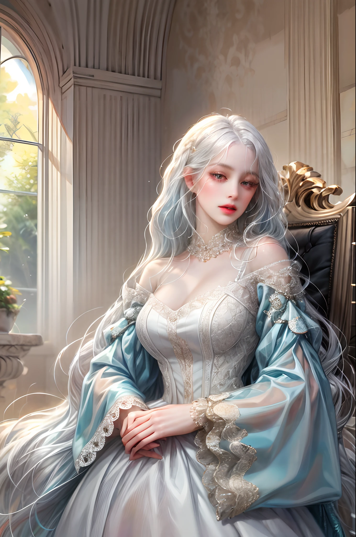 (absurdres, highres, ultra detailed), 1girl, solo, mature, (very long hair, white hair), Baroque, long dress, long sleeve, elegant, colorful, highest detailed, upper body