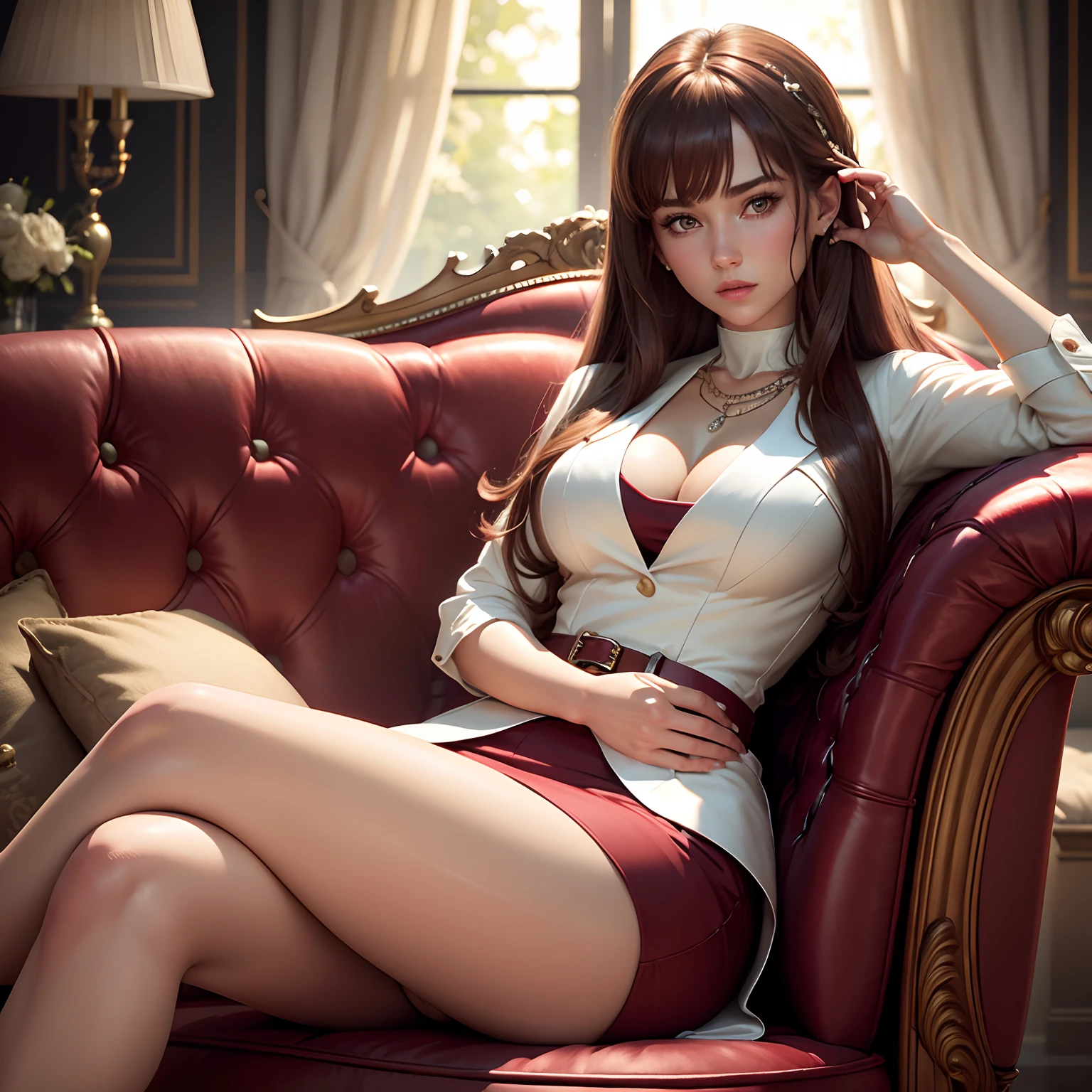 High detail CG,rich details,Magnificent villa,red wine,Dress normally,White coat,Successful girls,Wear an exaggerated necklace,Brown hair long,Sitting on the villa sofa,The art of clocking in