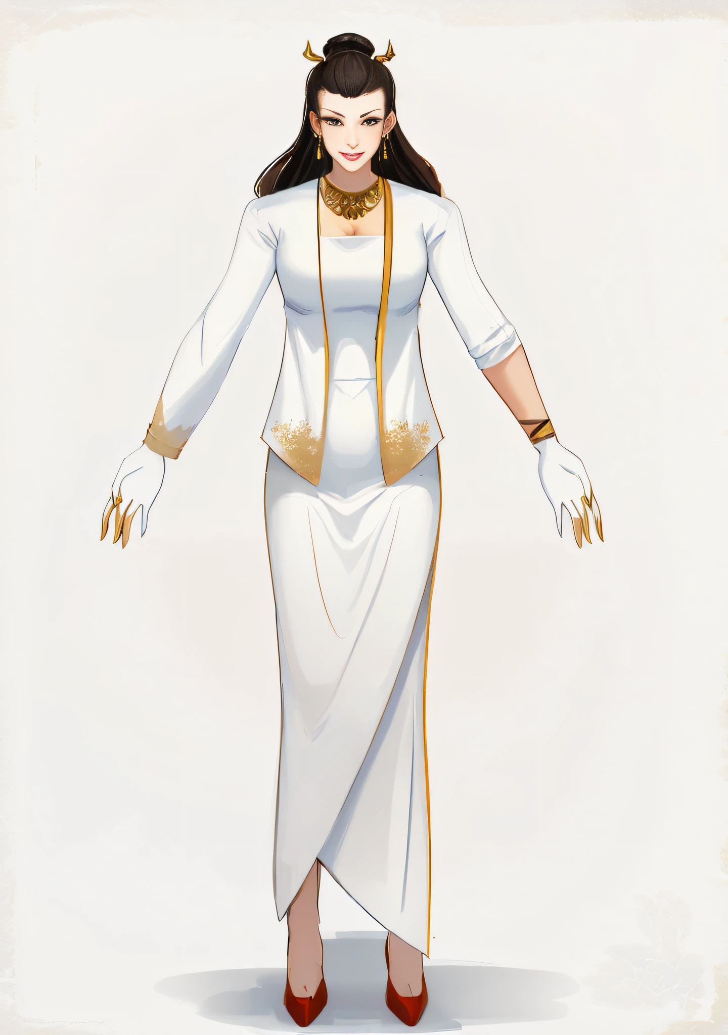 (digital art, digital painting), (masterpiece, high quality, detailed:1.3, proportional face), white background, woman, beautiful woman, smile, smirk, long black hair, hair bun, gold teardrop earring, gold necklace, cream color dress, red outer, gold bracelets on the left hand, brown high heels,
