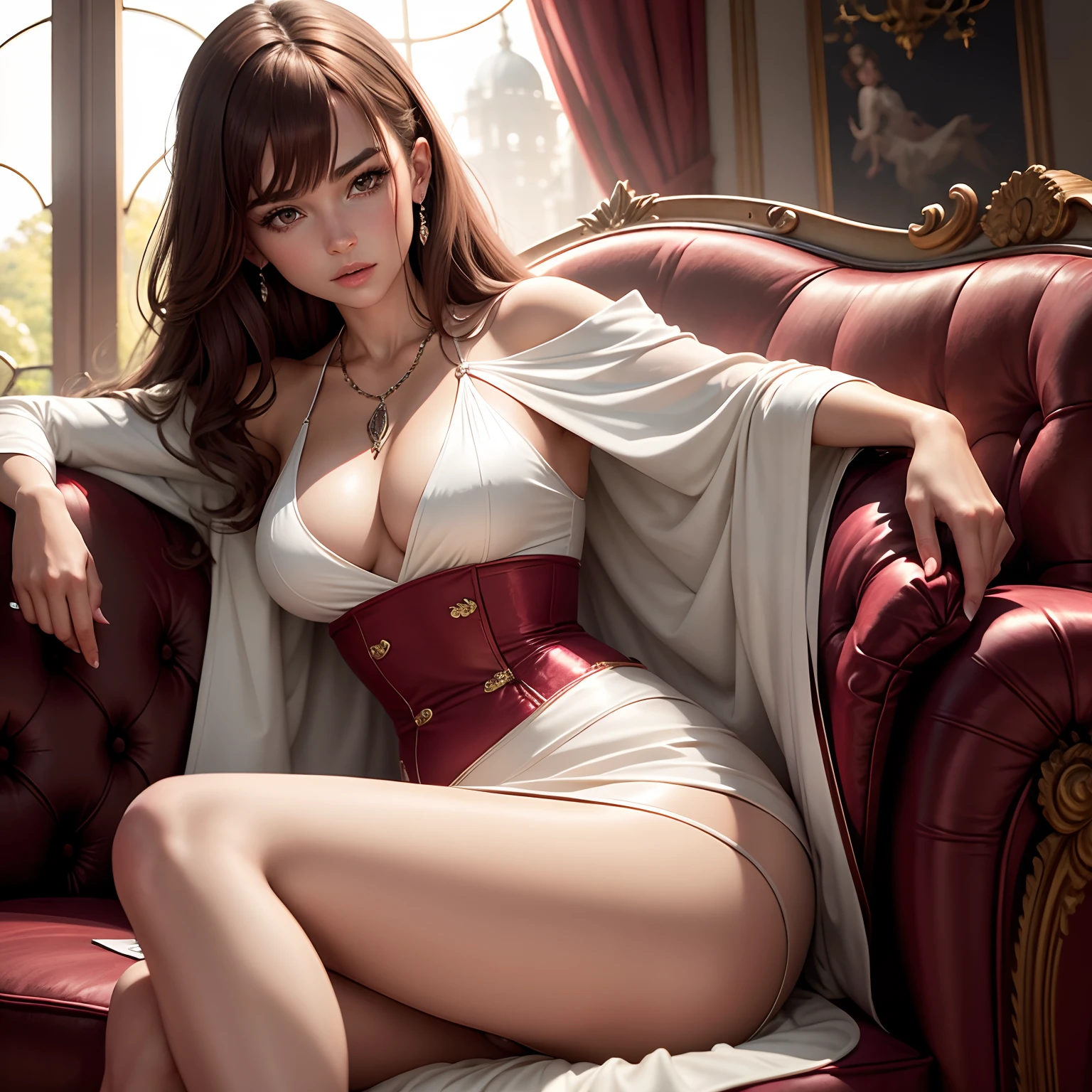 High detail CG,rich details,Magnificent villa,red wine,Dress normally,White coat,Successful girls,Wear an exaggerated necklace,Brown hair long,Sitting on the villa sofa,The art of clocking in