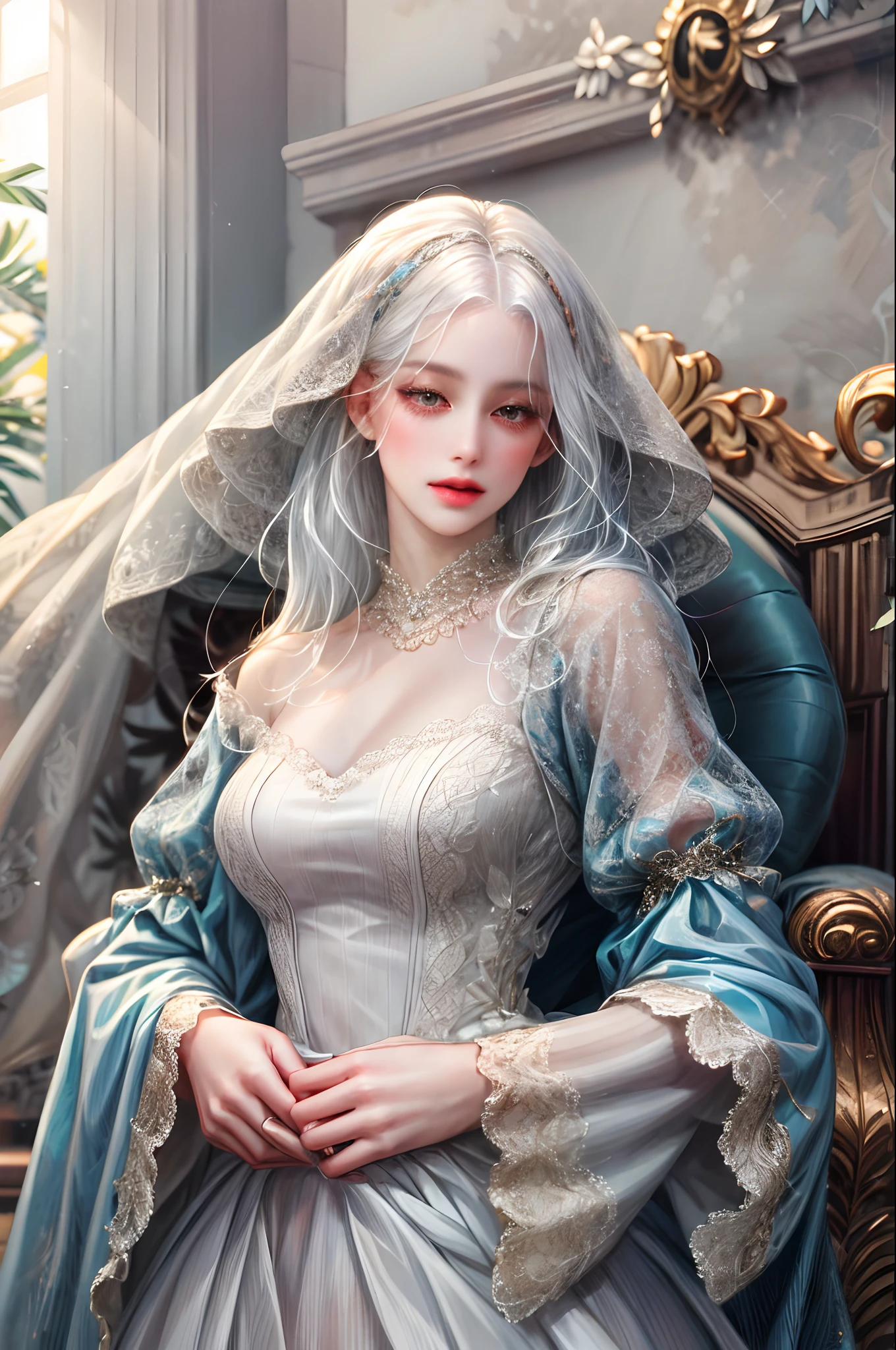 (absurdres, highres, ultra detailed), 1girl, solo, mature, (very long hair, white hair), Baroque, long dress, long sleeve, elegant, colorful, highest detailed, upper body