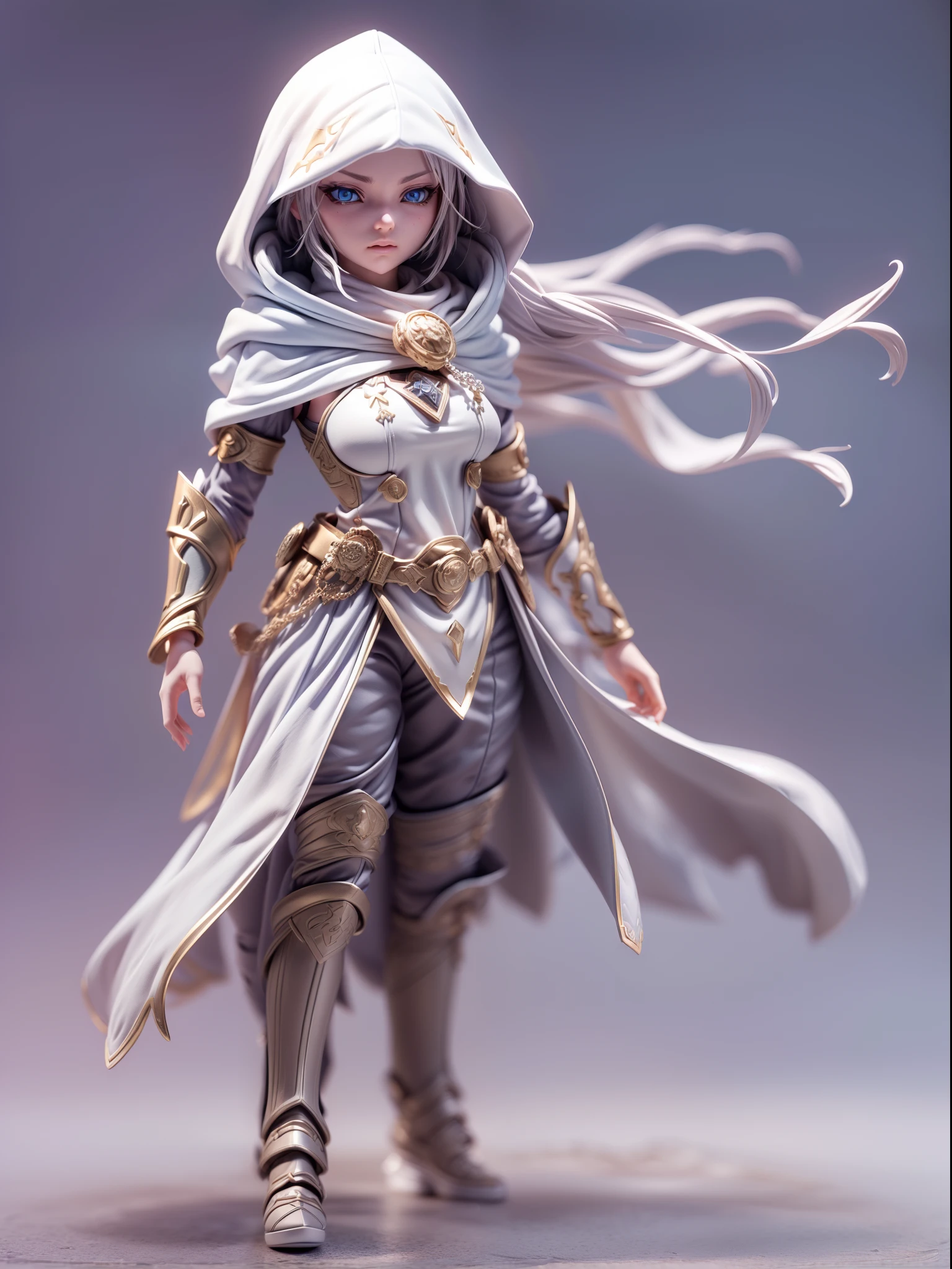 (Blind box toy style:1.3),((Full body shot)) , (1 female mage)(((solo))) cloth armor，Cloth hood，(Clay Style:1.3), dreamy glow, Clean background,white and silver style，(circular base）( Global illumination, Ray tracing, hdr, unreal render,reasonable design, high detail, Masterpiece, Best quality, hyper HD, Cinematic lighting)