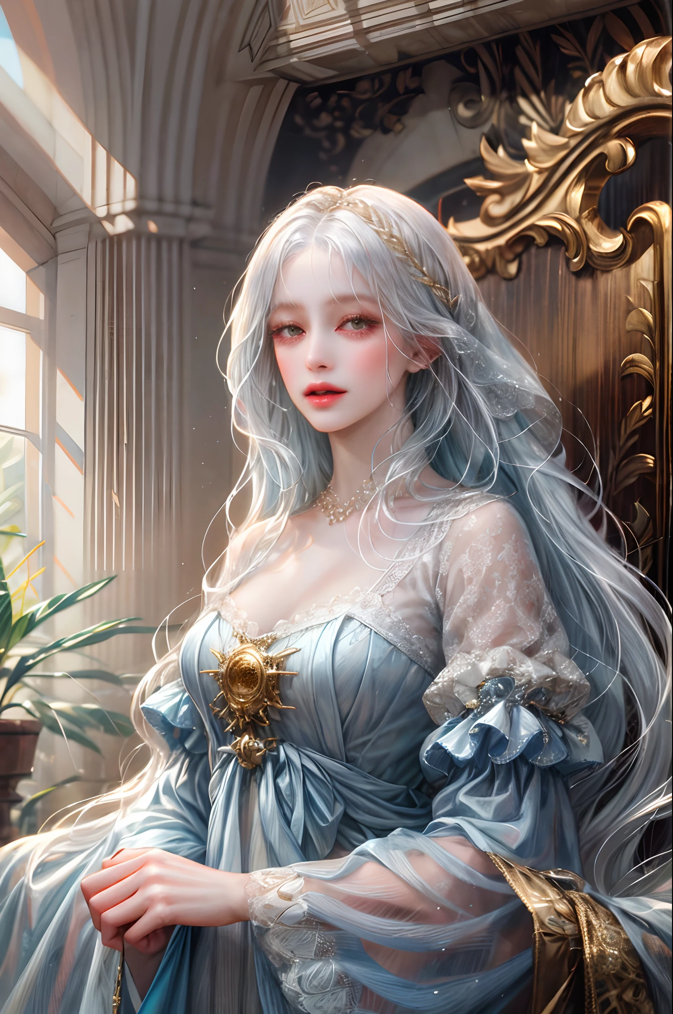 (absurdres, highres, ultra detailed), 1girl, solo, mature, (very long hair, white hair), Baroque, long dress, long sleeve, elegant, colorful, highest detailed, upper body