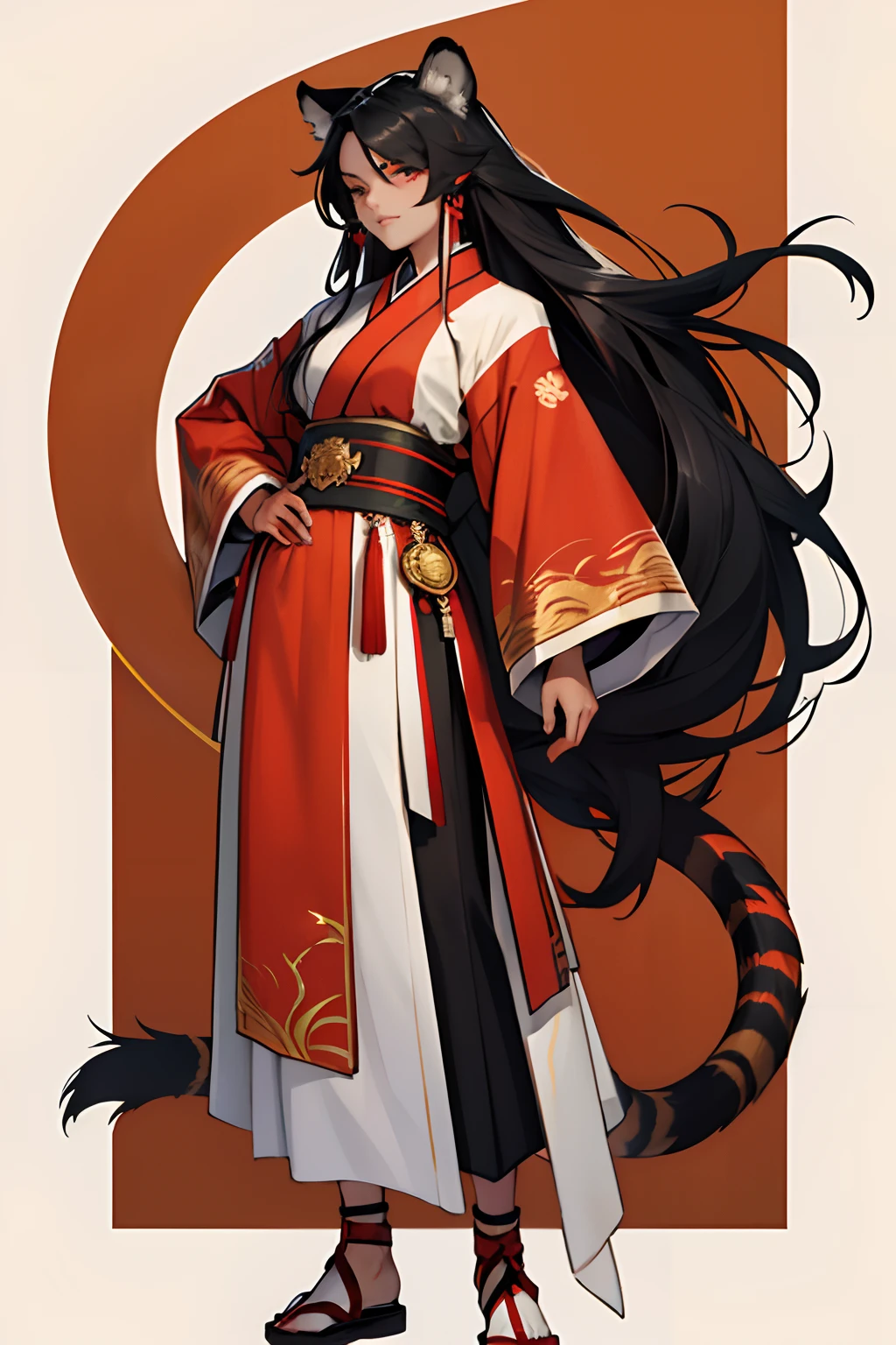 woman, tanned skin, very long black hair, one red strand of hair, golden eyes, cat eyes, tiger ears, tiger tail, traditional Korean attire, full body
