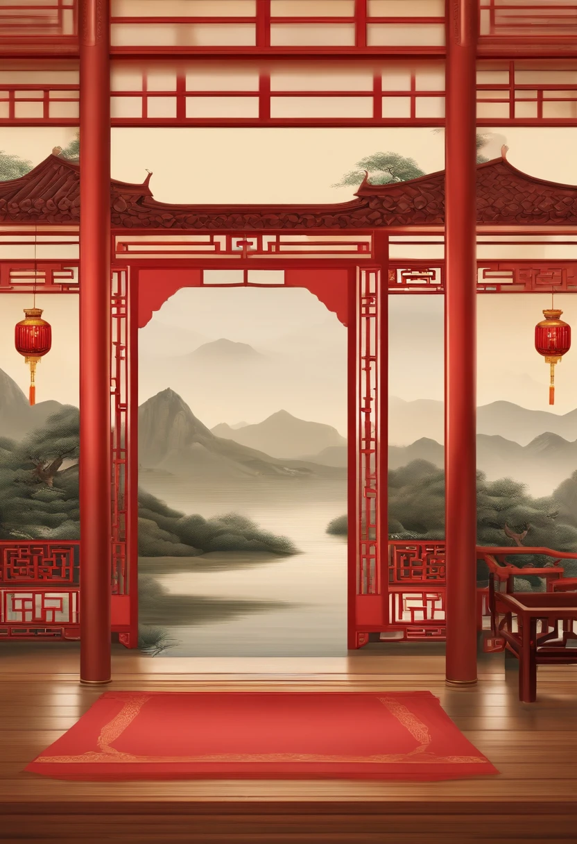Chinese empty scene,Vintage furniture,bonsai,chinaware,No carpet,wooden floor,Red lantern,There are flowers on it,Used Classical Aesthetics,oriental wallpaper,Antique rhyme,Chinese painting style,Ink painting background,Soft light and light tones,inspired by Emperor Huizong of Song,high-definition picture quality,4k