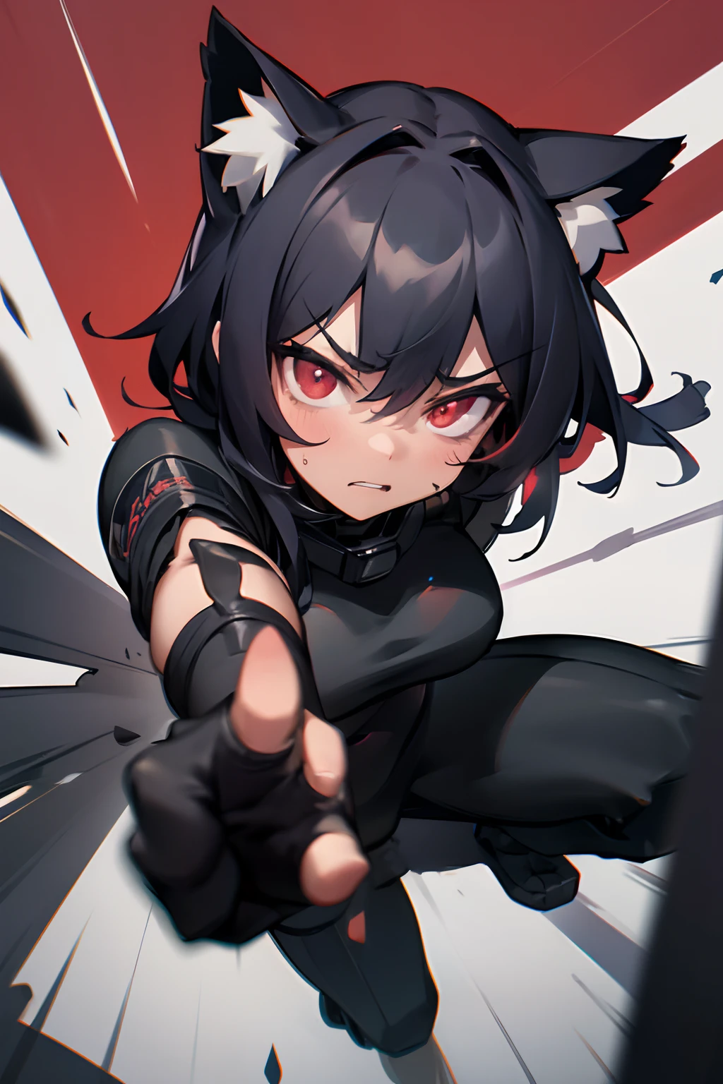 1 girl, 8k, artstation, masterpiece, depth of field, face portrait, cat ears, very shadowy, glowing red eyes, darkness, nighttime, very dark, emerging from darkness, angry expression, 1 arm reaching forwards, killer intent, speed lines, cinematic, high speed