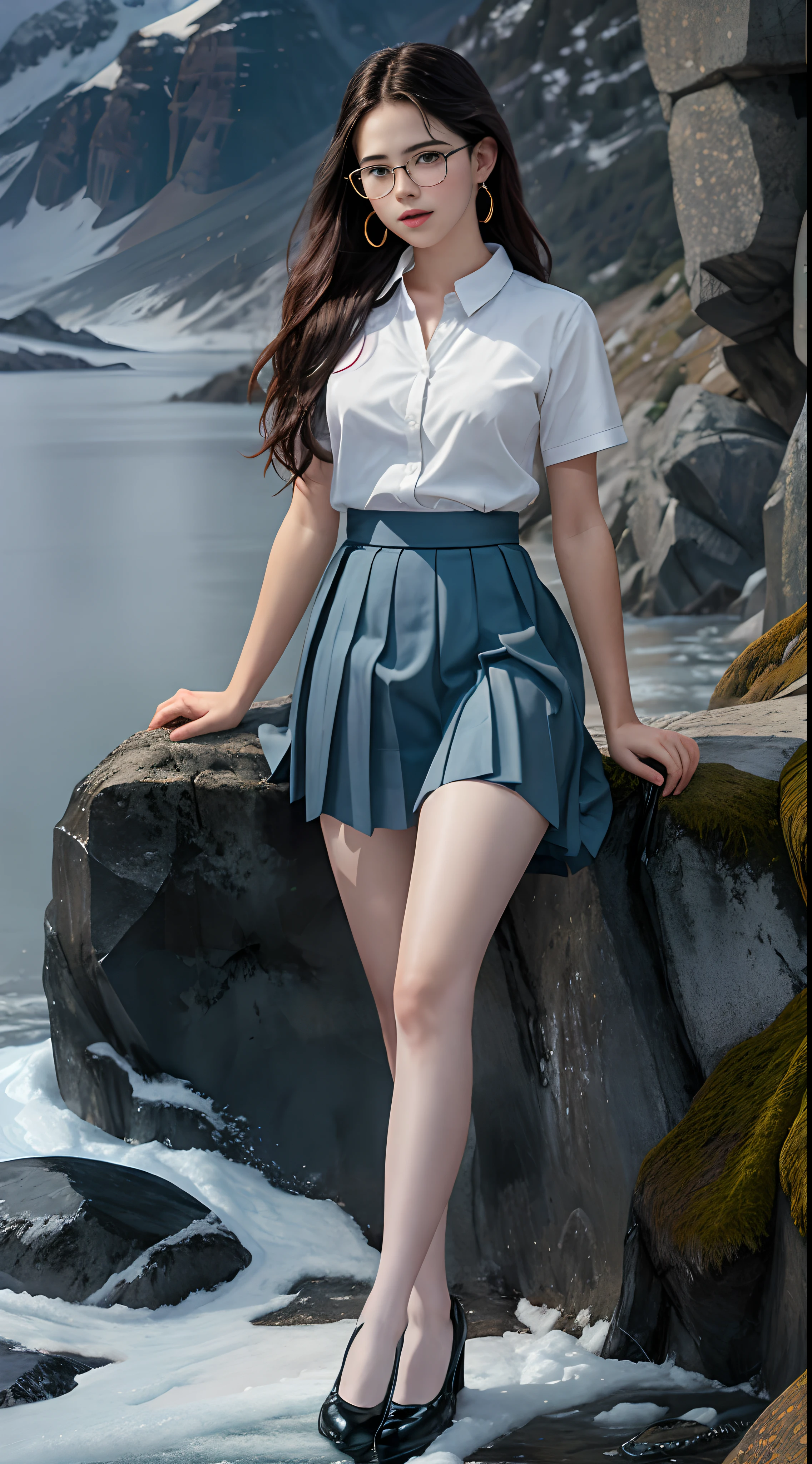 Beautiful young Margaret Qualley, 14 years old, white skin tone, eyeglasses, large drop earrings, female school uniform, pleated skirt, high heels, midday sun, hyperrealistic, model body, small breasts, beautiful breasts, long hair, Hair straight hair, red tips, long legs, 8k, 超High resolution, best quality, on the frozen mountain, RAW portrait, photorealistic, cherry blossom, ambient lighting, detailed shadows, camera focus on thighs, sexy pose , a large amount of cloudy liquid oozes from the genitals, strong wind, mild fog