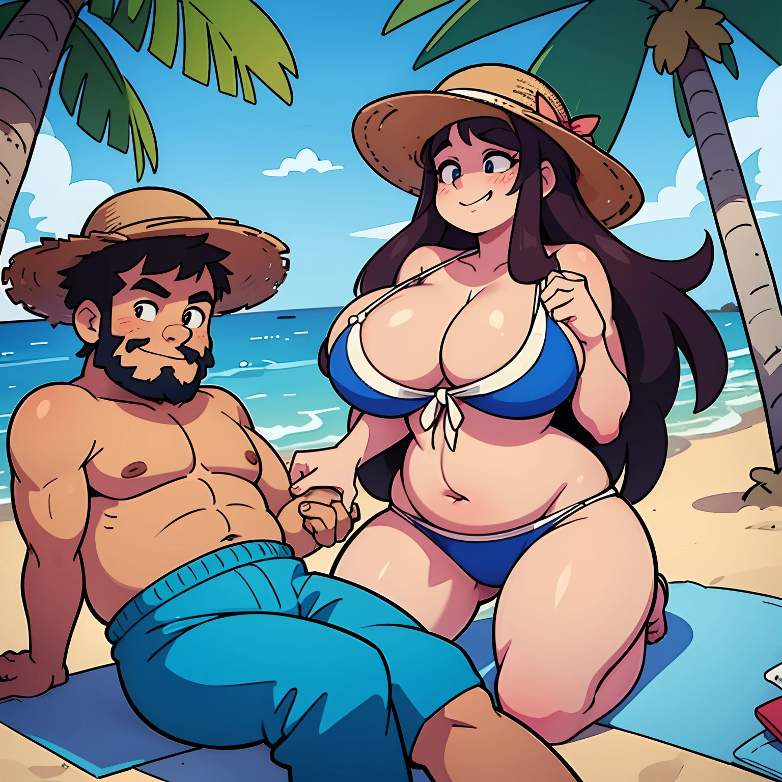 (Two people), Bbw with enormous belly, bearded man with slim build, summer clothes, under palm tree, holding hands, looking towards the beach, hat, sitting on beach towel, smiling, looking at the other person, high resolution,