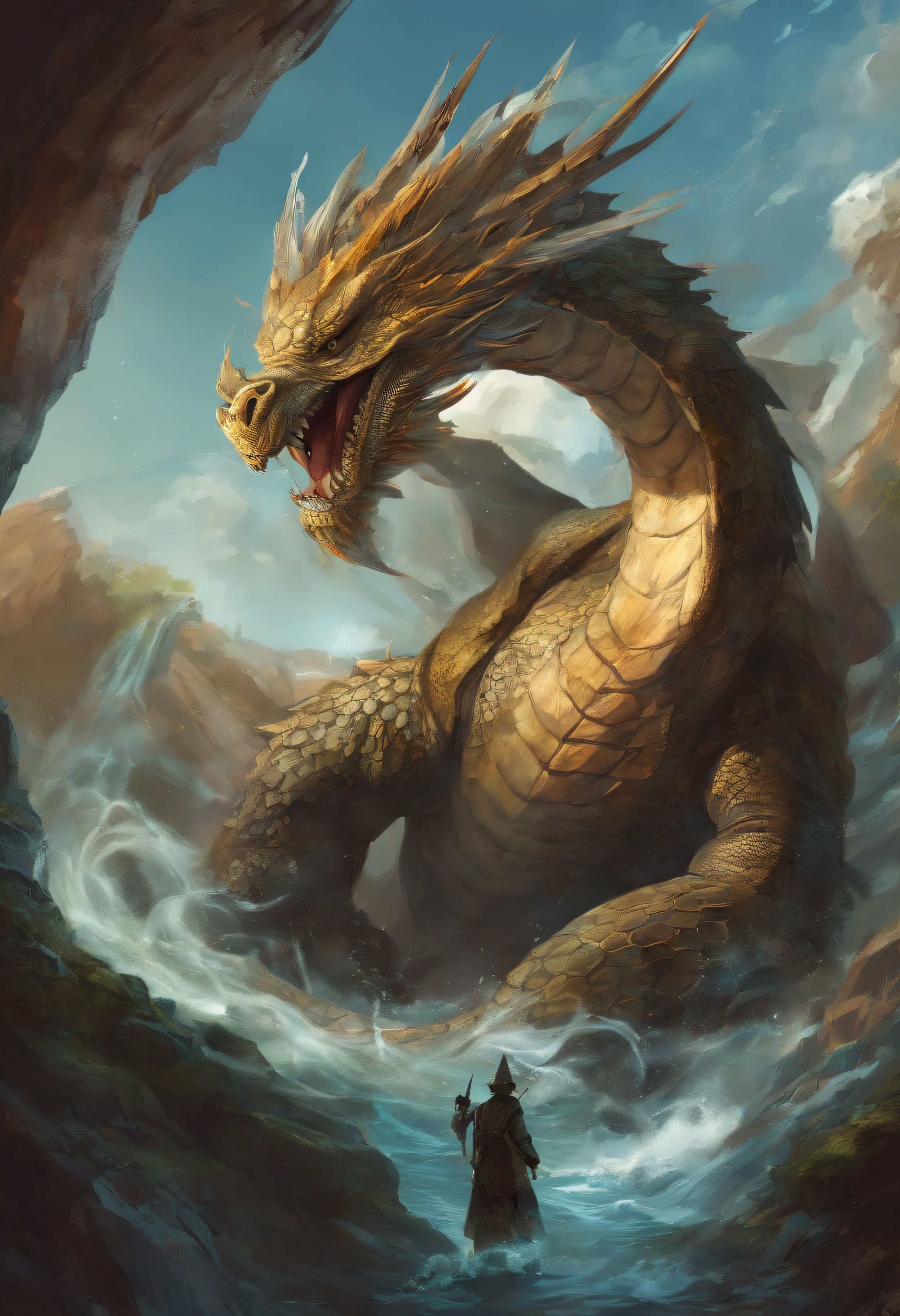 Dragon turtle,Huge, Heavy tortoiseshell shell,wizard,The long tail of the snake,Huge waves,China-style,oc rendered,super-fine,high qulity,8K high resolution,ultra - detailed