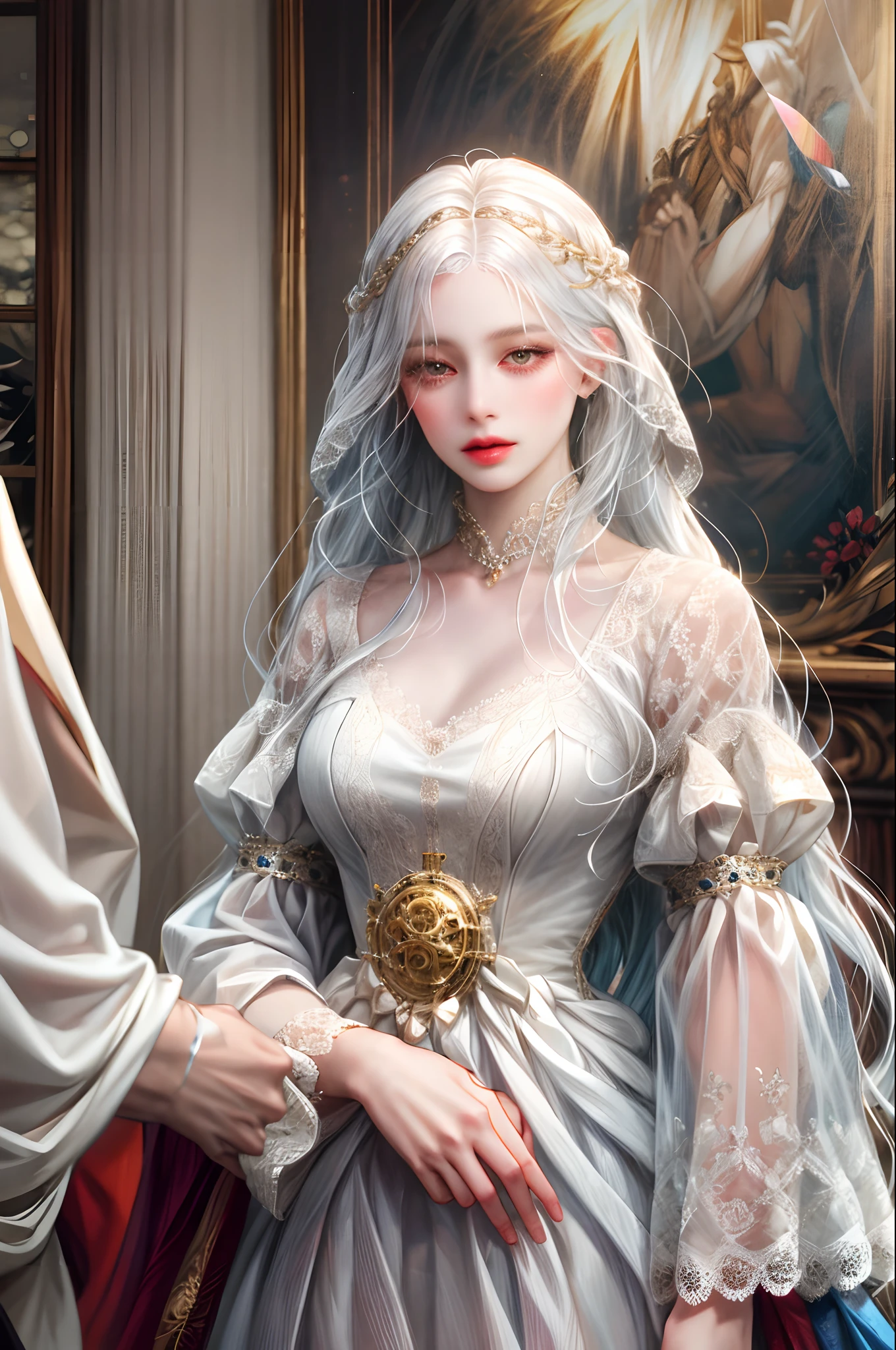 (absurdres, highres, ultra detailed), 1girl, solo, mature, (very long hair, white hair), Baroque, long dress, long sleeve, elegant, colorful, highest detailed, upper body