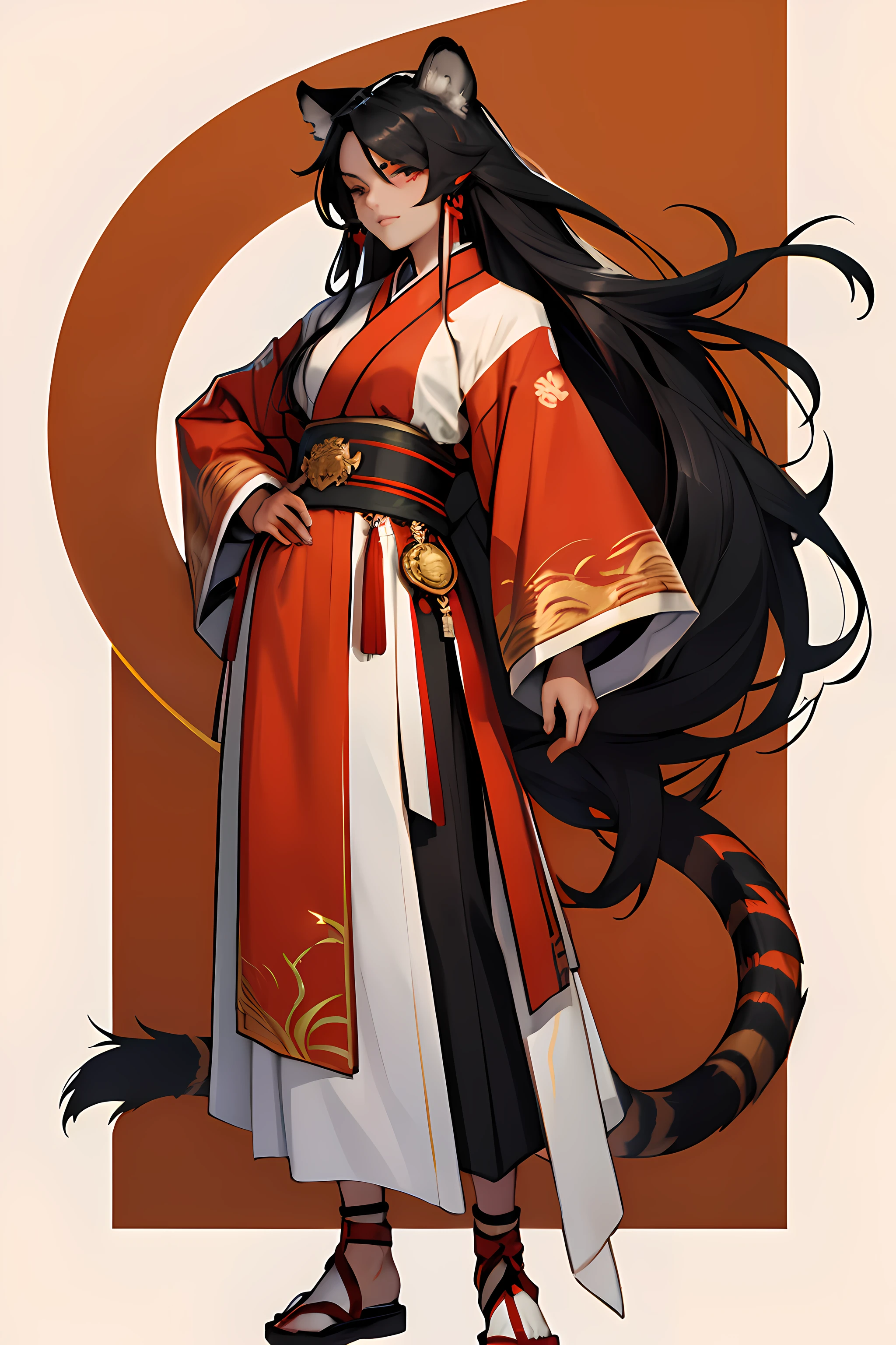 woman, tanned skin, very long black hair, one red strand of hair, golden eyes, cat eyes, tiger ears, tiger tail, traditional Korean attire, full body