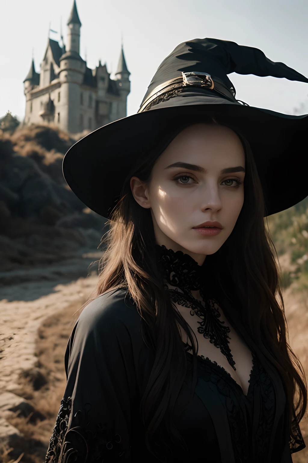 (masterpiece), (extremely intricate:1.3), (realistic), portrait of witch, the most beautiful woman in the world, (modern witch clothing), intricate details, upper body, outdoors, intense sunlight, far away castle, professional photograph of a stunning woman detailed, sharp focus, dramatic, award winning, cinematic lighting, octane render, unreal engine, volumetrics dtx