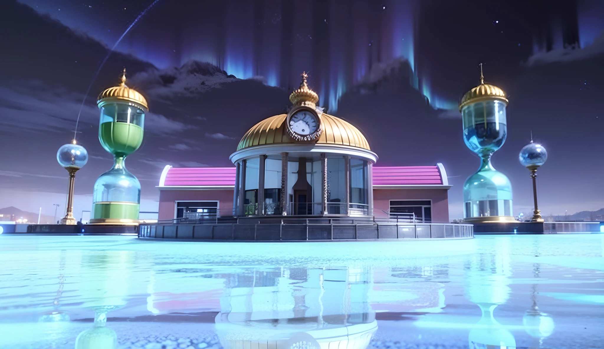 Small building with a central clock on top of it, futuristic palace, Crystal hourglasses next to the building, marble sidewalk, aurora boreal ao fundo