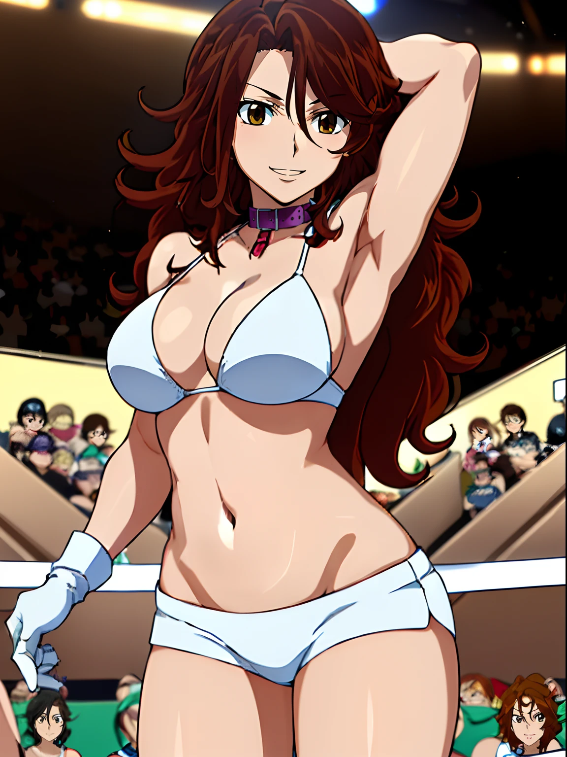 (wwe diva), body view, anime style: 1.8, anime drawing, ultra detailed face, ultra detailed body, 4k, Sumergai Lee Noriega, (standing), best quality, anime style, hires, highest definition, digital blending, bold drawing lines, ((wwe diva), (location: wrestling arena, crowds watching), ( slim body, little biceps, thighs, off-shoulders, (curvy: 2.8)), ((white bikini, shorts, groin, , white gloves, collar)), victorious, winner, gentle, (big breasts, smile), (big eyes, brown eyes), (clapping), (brown hair, loose hair, curly hair, wavy hair, long hair, missy hair), 27 years old, (flexing both arms)