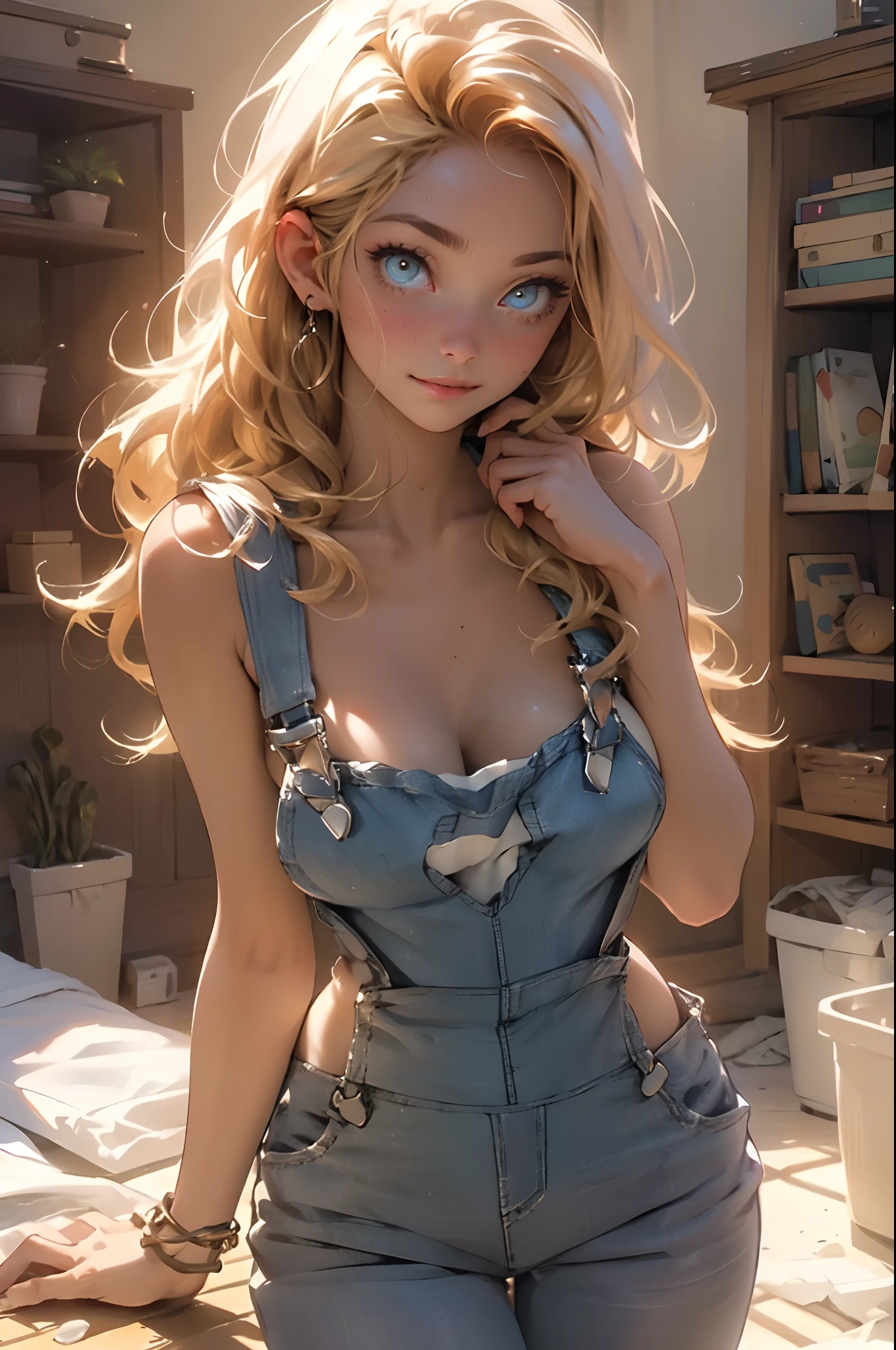 Melancholy lighting, Take it easy, calm, shine, masterpiece, best quality, 1 girl, (JinxLol: 1.2), (ultra photorealistic: 1.3), (masterpiece: 1.4), best quality, ((realistic)), high quality, Ultra Detailed, ((real image)), ((realistic skin)), ((realistic face)), (illustration: 1.05), (beautiful: 1.05), (beautiful detailed eyes: 1.05), (cinematic light: 1.1), full body, accurate proportions, 25-year old girl, CURVY model, (exposing boobs:1.3), (wearing sexy overalls:1.4), (just waking up:1.2), (in a room renovation setting:1.3)waves, BLOND hair fluttering in the wind, long legs, slightly open feet, butt, blushing, shyness, clavicle, abs, double texture, beautiful and delicate face, fair skin, real skin, (face detail), couples, super high res, 8k, parameters Best quality, masterpiece, super high res, (Realistic 2.0), more details, detailed skin, wide smile, white teeth, (VOLUMINOUS GINGER BLONDIE hair1.1), perfect and well-drawn eyes, girlfriend, cute, pretty, studio illumination, (((PERFECT EVEN EYES:1.1)))