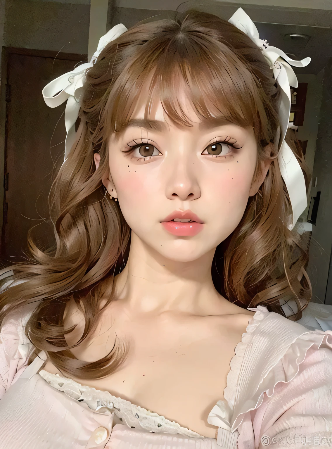 a close up of a woman with a pink shirt and a white bow, ulzzang, young adorable korean face, cute natural anime face, popular south korean makeup, kawaii realistic portrait, popular korean makeup, kawaii hairstyle, cute kawaii girl, lovely delicate face, lalisa manobal, clear cute face, very beautiful cute catgirl, brown hair and large eyes