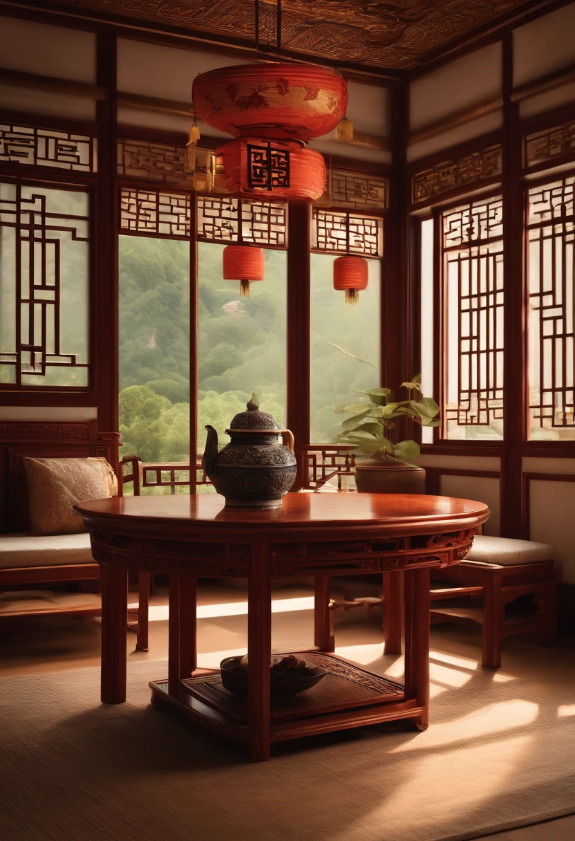 Chinese empty scene，Vintage furniture，Antique design，bonsai，chinaware，No carpet，wooden floor，There are flowers on it，Used Classical Aesthetics，oriental wallpaper，Antique rhyme，Chinese style，Ink painting background，Soft light and light tones，inspired by Emperor Huizong of Song，photorealestic，high-definition picture quality，4k