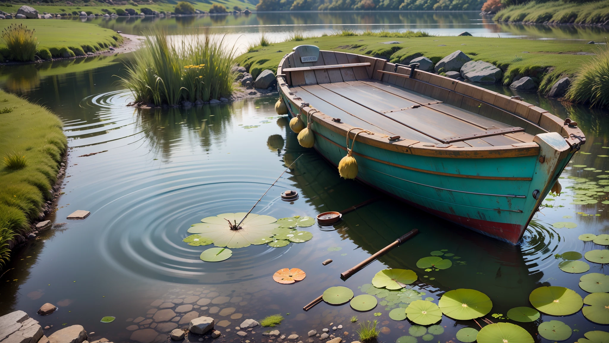 Cold autumn pond with clear water,
A tedious little fishing boat.
The waves rippled slightly,
Gold leaf before the wind will bring the whistle.
The clouds hovered in the blue sky,
The winding alley is empty.
Pillow restrest, Hugging needed for a long time,
Fish don't move at the foot of duckweed. - --auto --s2