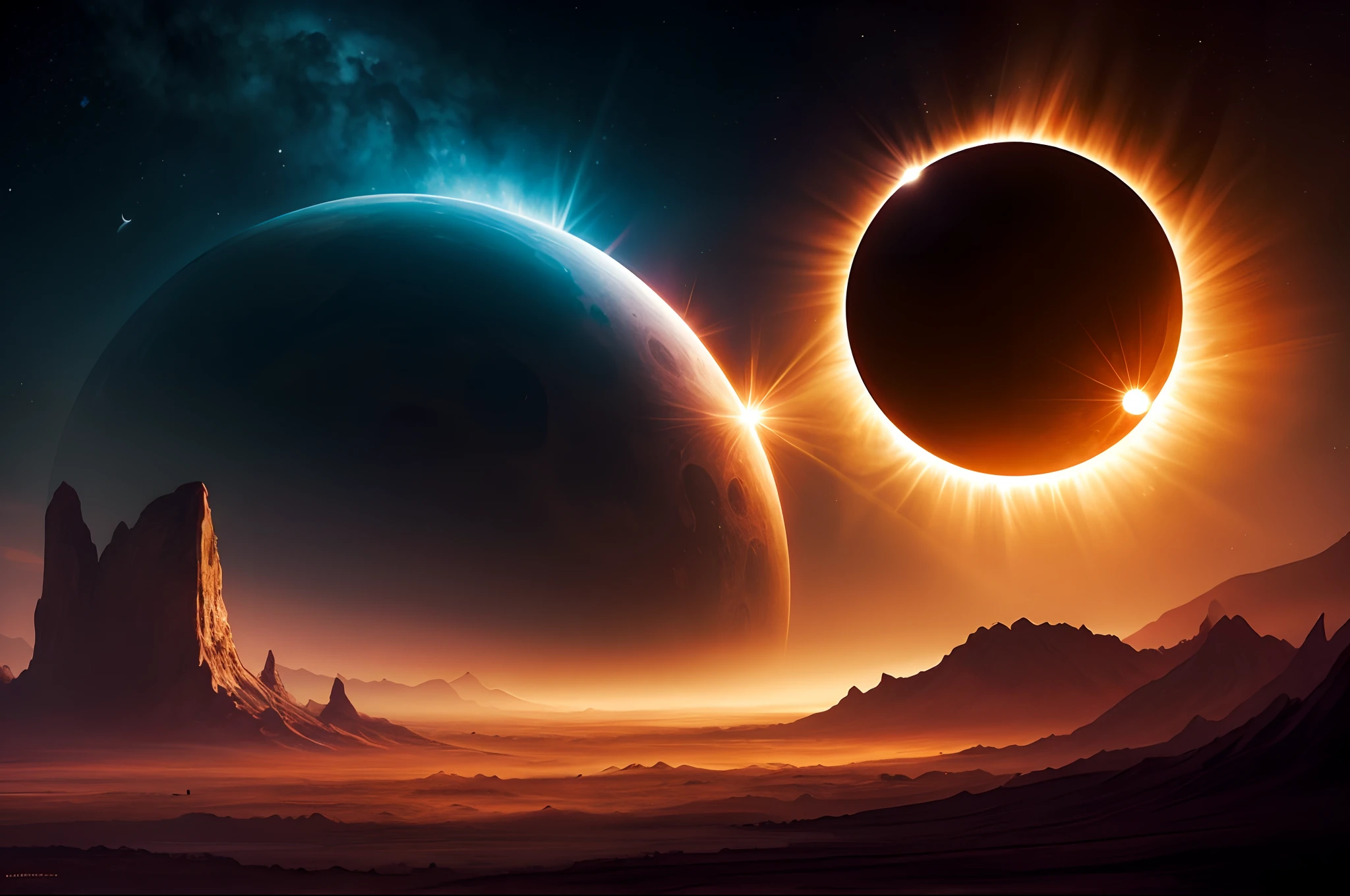 a solar eclipse from another planet, fantasy painting, dynamic colours, vibrant piture
