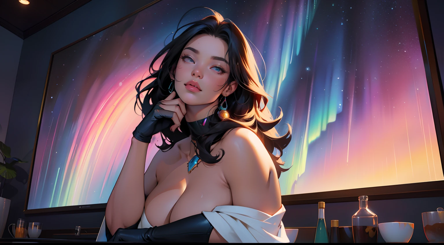 Making a cake in the kitchen, View from the window, Cozy interior,abstract beauty,approaching perfection,dynamic,Highly detailed,digitalpainting,Artstation,Concept art,Smooth,sharp-focus,illustartion,Artists: by Carne Griffiths, Wadim Kashin,leonid afremov,kandinsky,Psychedelic,watercolour,mother-of-pearl foil,stylish,Fantastic,colorful neon, s face, waist-high, portraite of a, up close, near, A glorious sunrise, aura, Glow, multi-colored bright aurora borealis, spectrum, In a chic, mixed-language_SMS, (beautiful and clear background:1.2),, fantastic paintings , high detailed eyes, The Space of the Northern Lights, galaxy, Gorgeous black hair, Loving. Love. ultra detail hair, Best Quality, hiquality, hight resolution, detail enhancement, ((most beautiful image in the world)), Masterpiece, Best Quality, High Quality Detail Enhancement, ((most beautiful image ), Shiny hair, Ultra chic, Topless, naked body, curvy chic body, Stampa Flores, art by stjepan sejic, art by j scott campbell, Artist Guillem March, art by citemer liu, 4k, hight resolution, comic book character, comic, high quality detailed, style of ::2.0 comix illustration style,tatoon style, hiquality, hight resolution, detail enhancement, 8K, HD, Best Quality, hiquality, hight resolution, detail enhancement, 8K, HDR, sharp-focus, Ultra Detailed, perfect lighting, Curvy Body, Lush big breasts, Curvy big hips,Thin Transparent Gloves, Fantastic, witchy