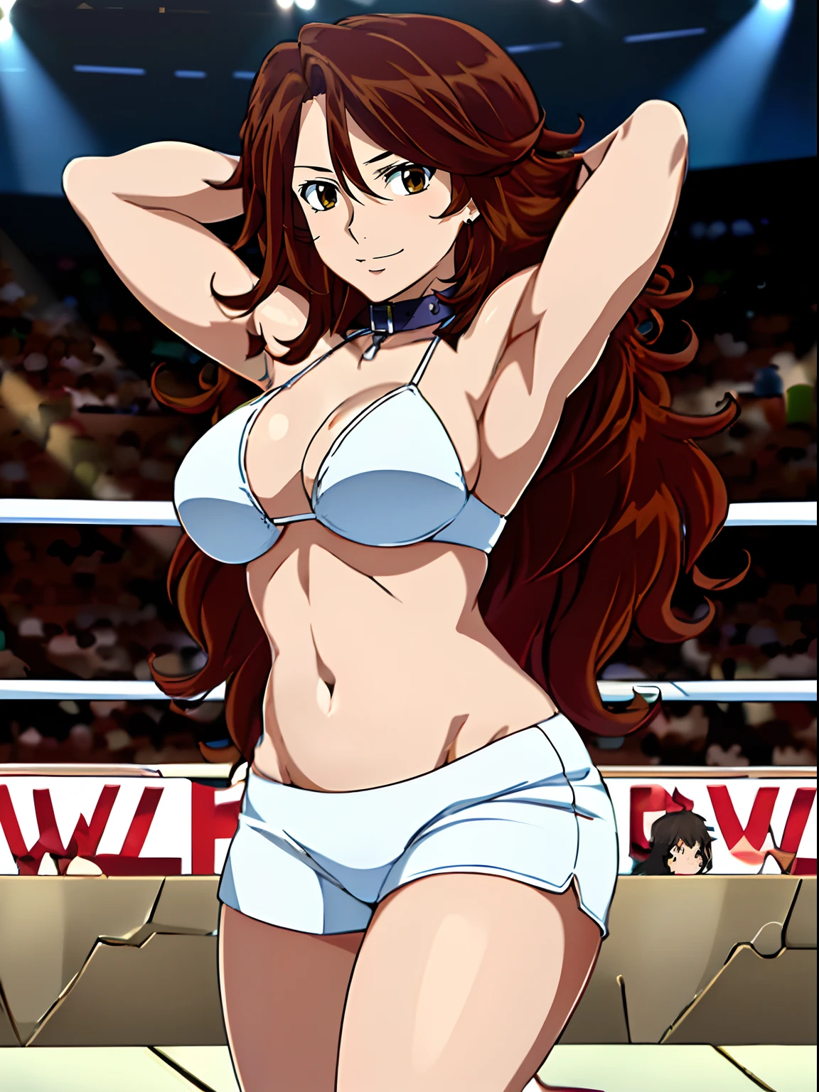 (wwe diva), body view, anime style: 1.8, anime drawing, ultra detailed face, ultra detailed body, 4k, Sumergai Lee Noriega, (standing), best quality, anime style, hires, highest definition, digital blending, bold drawing lines, ((wwe diva), (location: wrestling arena, crowds watching), ( slim body, little biceps, thighs, off-shoulders, (curvy: 2.8)), ((white bikini, shorts, groin, , white gloves, collar)), victorious, winner, gentle, (big breasts, smile), (big eyes, brown eyes), (clapping), (brown hair, loose hair, curly hair, wavy hair, long hair, missy hair), 27 years old, (flexing both arms)
