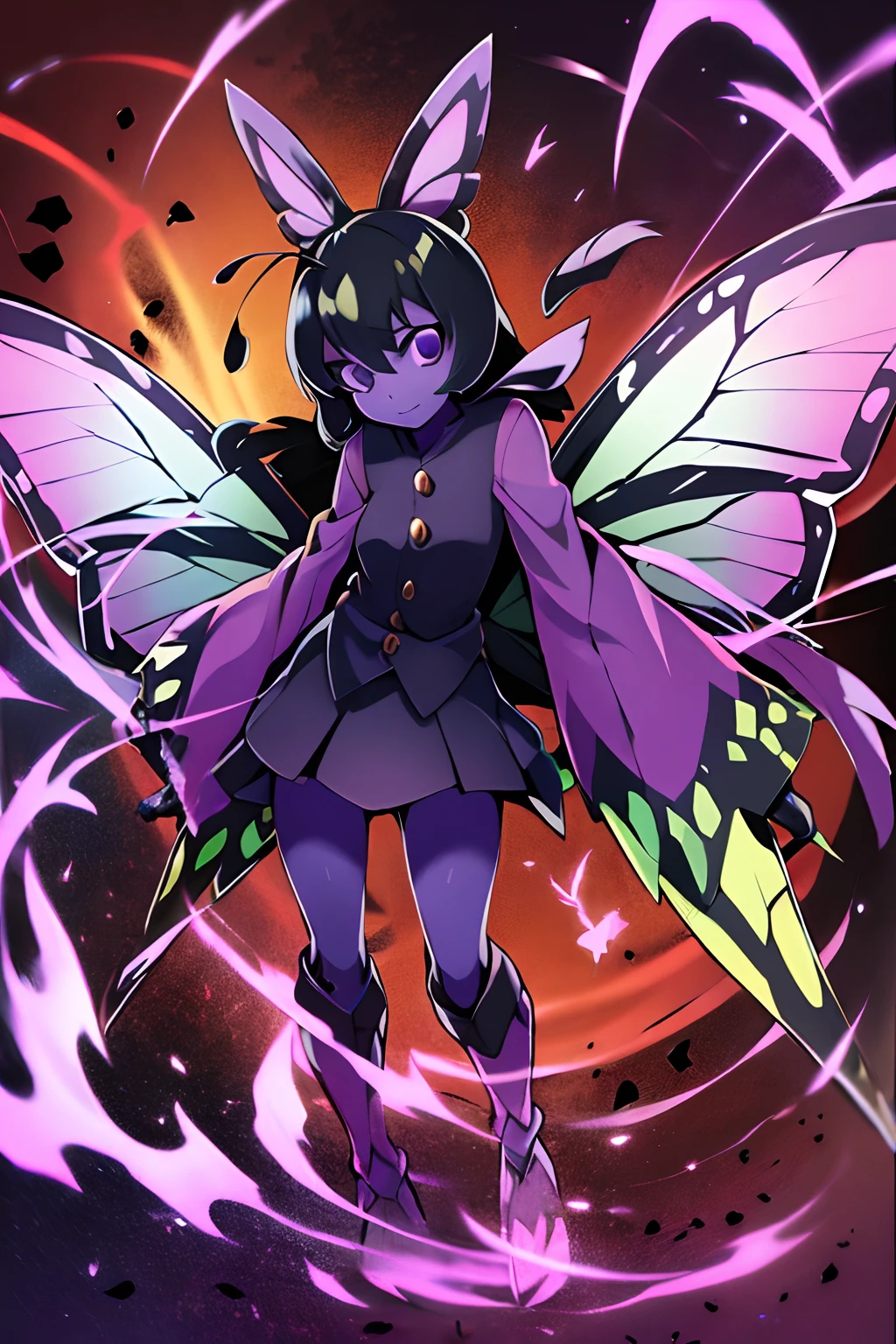 Kochou Shinobu as a Digimon, 1girl,masterpiece, multicolored hair, long sleeves, purple eyes, Insect , fairy ,Butterfly like, digimon\(creature\),((Purple Skin)), Butterfly wing, Insectoid arms ((,insect limbs))