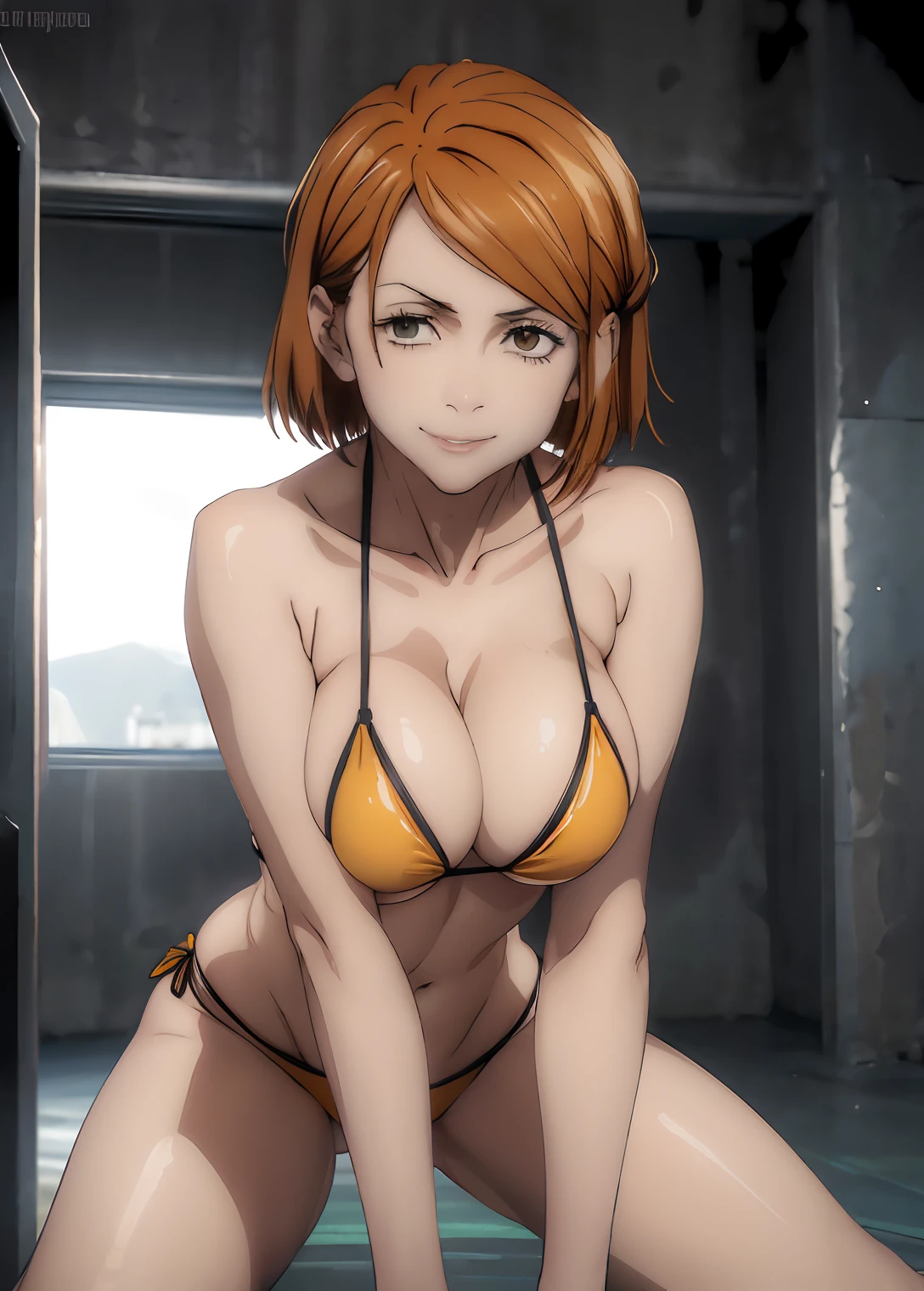 ((top quality, 8k, masterpiece: 1.3, ultra hd, high quality, best quality, high definition, realism)), sharp focus: 1.5, Model Nobara kugisaki, orange eyes, Mole under the outer edge of the eye, Short orange hair, breasts, (((Sexy and seductive pose, leaning forward))), thick thighs, ((beach)), ((yellow bikini)), cheeky smile,