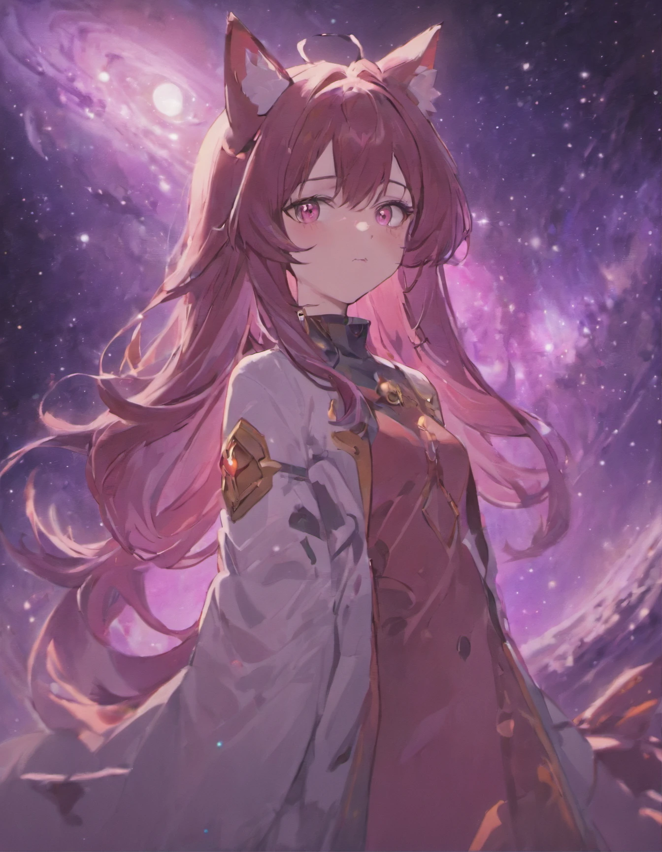 Cosmic foxgirl, foxgirl in space, red eyes, intense eyes, long purple hair, small breasts, lonely expression, fox ears, dark purple hair, vivid background, space debris in background, dark plum colored hair, large fox ears, planets in background, looking into the distance
