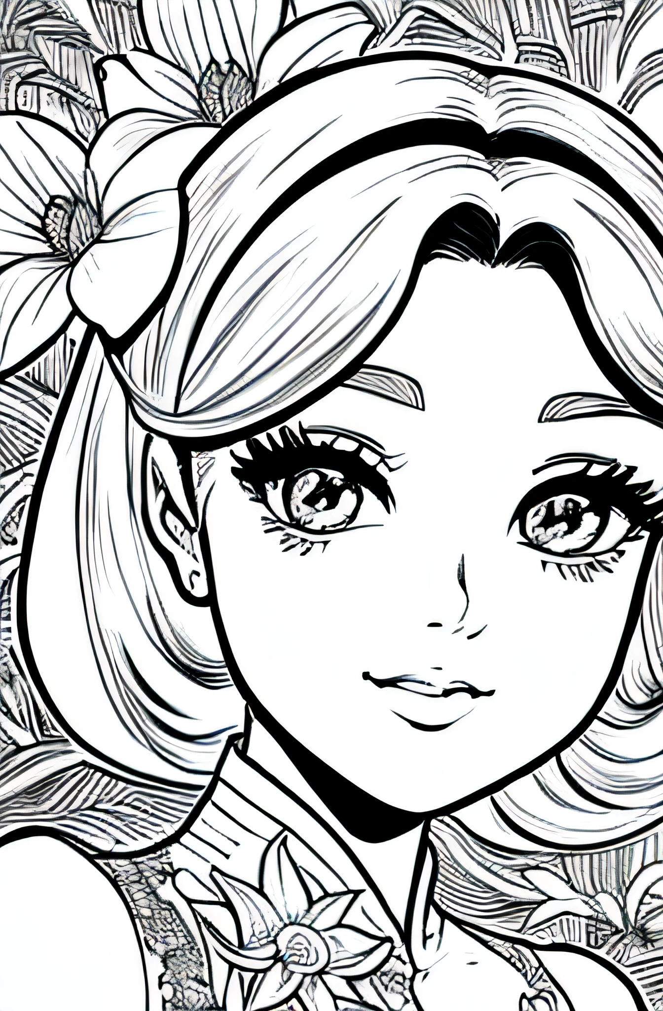 Pau preto e branco figura 1 menina com flor de lillies do rio no fundo, Loli em vestido com flores, sua arte de linha de tinta fina, comiс style, Retrato da menina ploynesian, Marilyn Munroe, Glam hollywoodiano, bela arte de linha, black and white comic style, Manga style, Manga art style, Caricature drawing in pencil and ink, black and white coloring