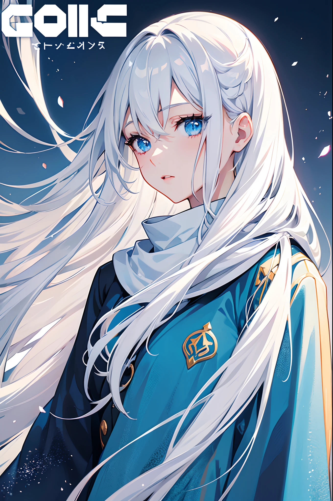 Cover magazine, anime, young woman, solo, long hair, white hair, blue eyes, model, beautiful, half body potrait, fantasy, ice