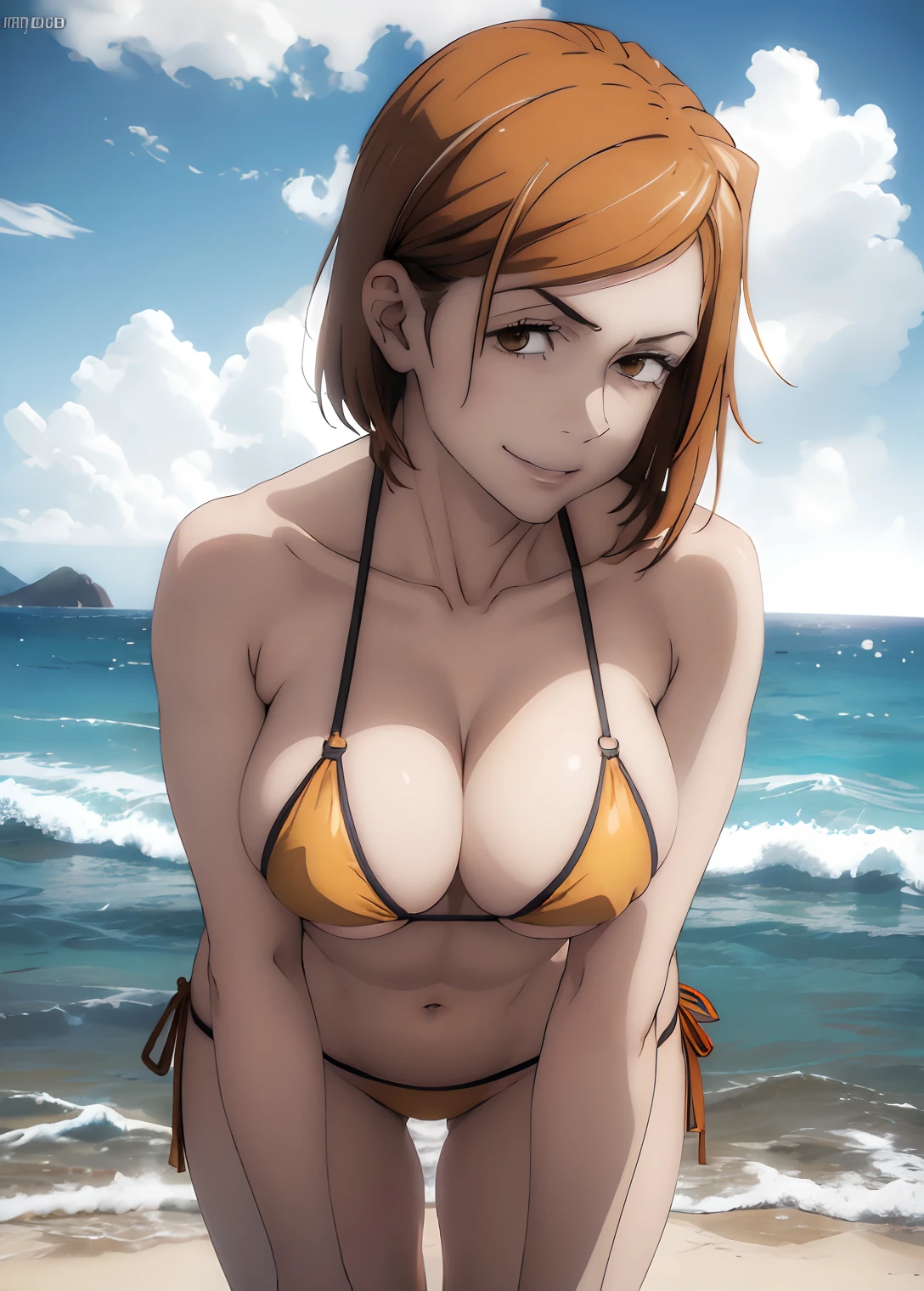 ((top quality, 8k, masterpiece: 1.3, ultra hd, high quality, best quality, high definition, realism)), sharp focus: 1.5, Model Nobara kugisaki, orange eyes, Mole under the outer edge of the eye, Short orange hair, breasts, (((Sexy and seductive pose, leaning forward))), thick thighs, ((((beach)))), ((yellow bikini)), cheeky smile, sea