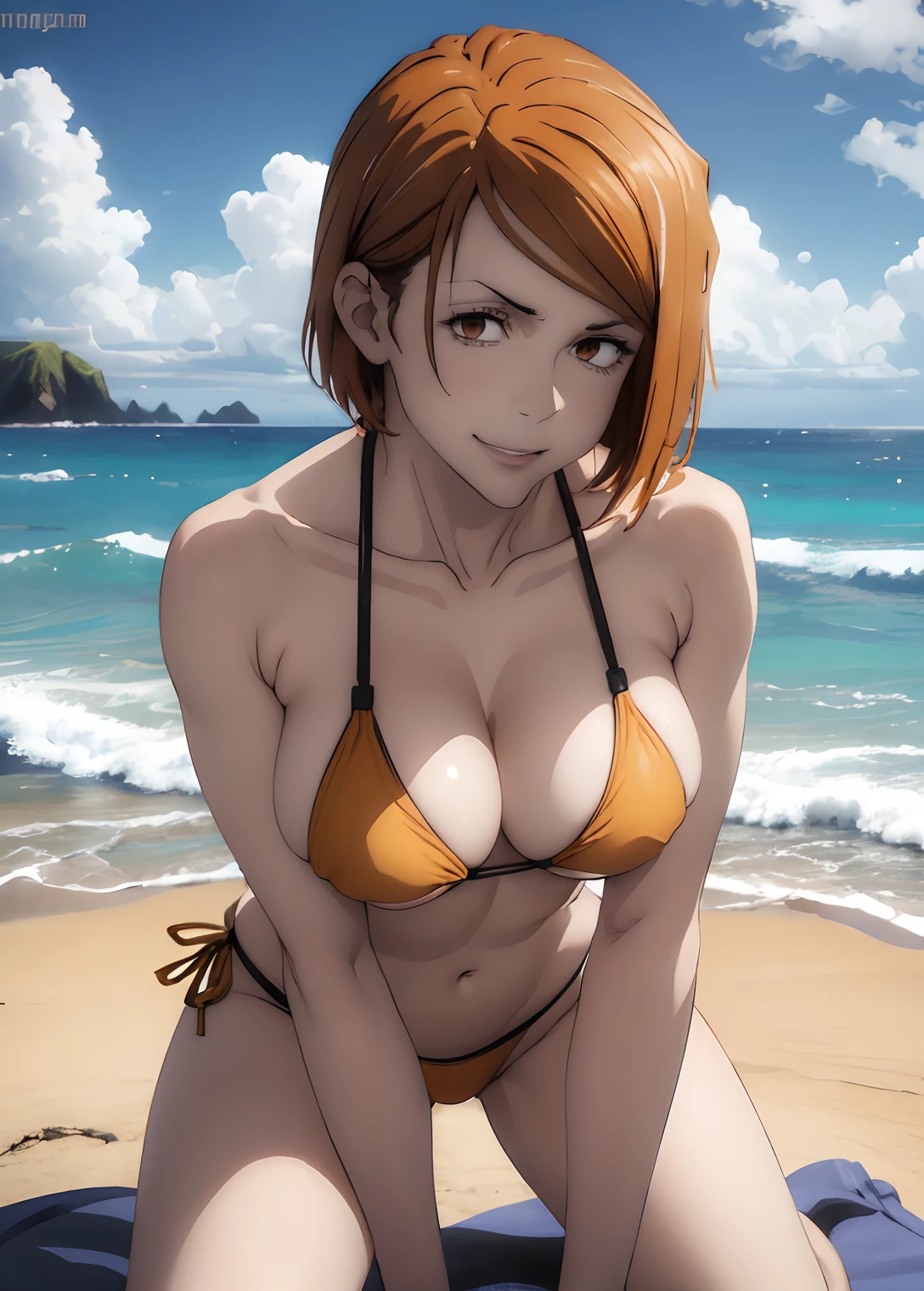 ((top quality, 8k, masterpiece: 1.3, ultra hd, high quality, best quality, high definition, realism)), sharp focus: 1.5, Model Nobara kugisaki, orange eyes, Mole under the outer edge of the eye, Short orange hair, breasts, (((Sexy and seductive pose, leaning forward))), thick thighs, ((((beach)))), ((yellow bikini)), cheeky smile, sea