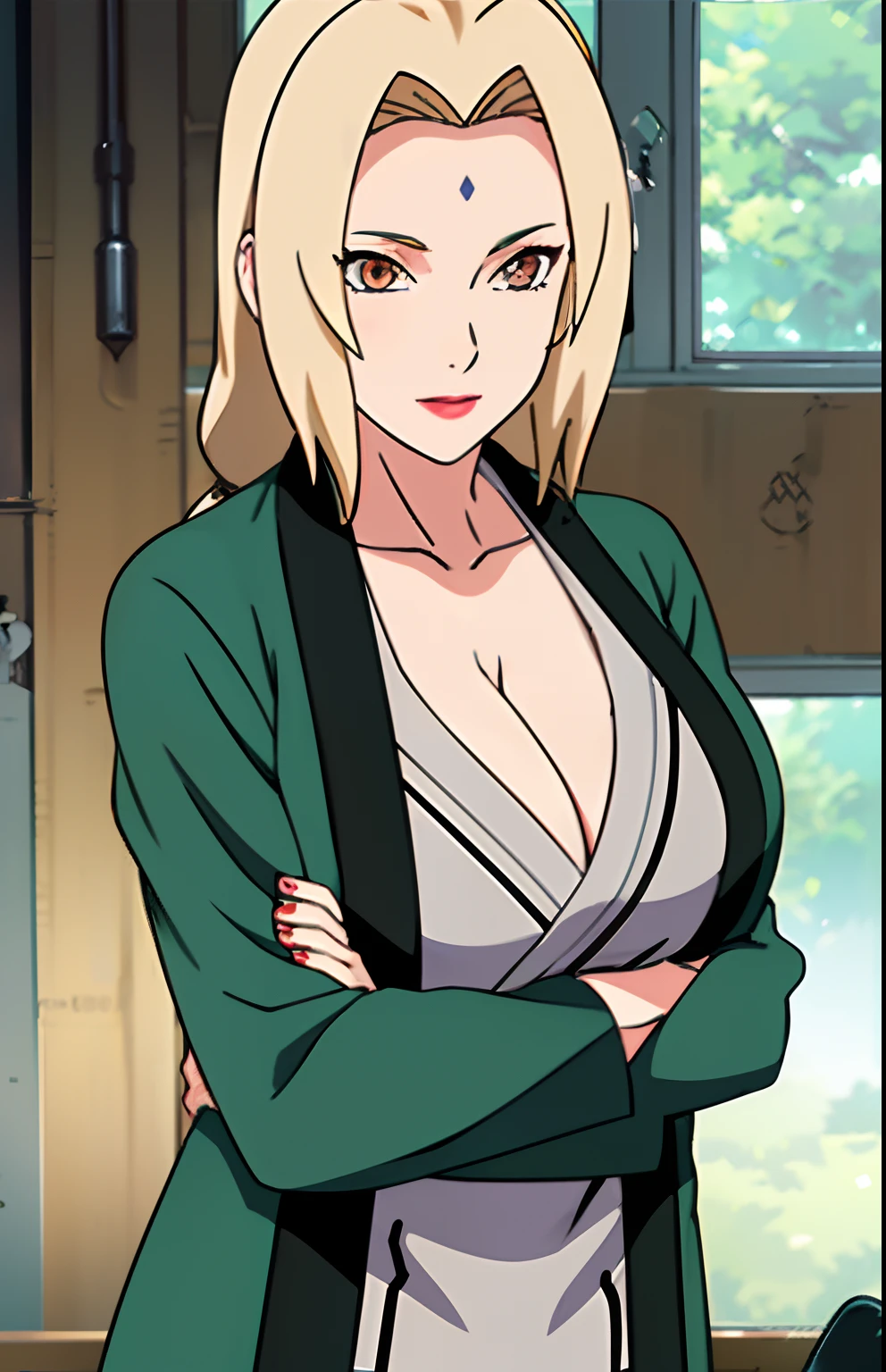 Big tits), (), (), black tight skirt, (white lab coat), fullbody, cleavage, good anatomy, masterpiece, best quality, 4k, 8k, professional photography, soft light, sharp focus, 1 girl, blonde hair, at classroom, blonde hair, parted banks, detailed face+brown eyes, open lips, lipstick, upperbody, smile