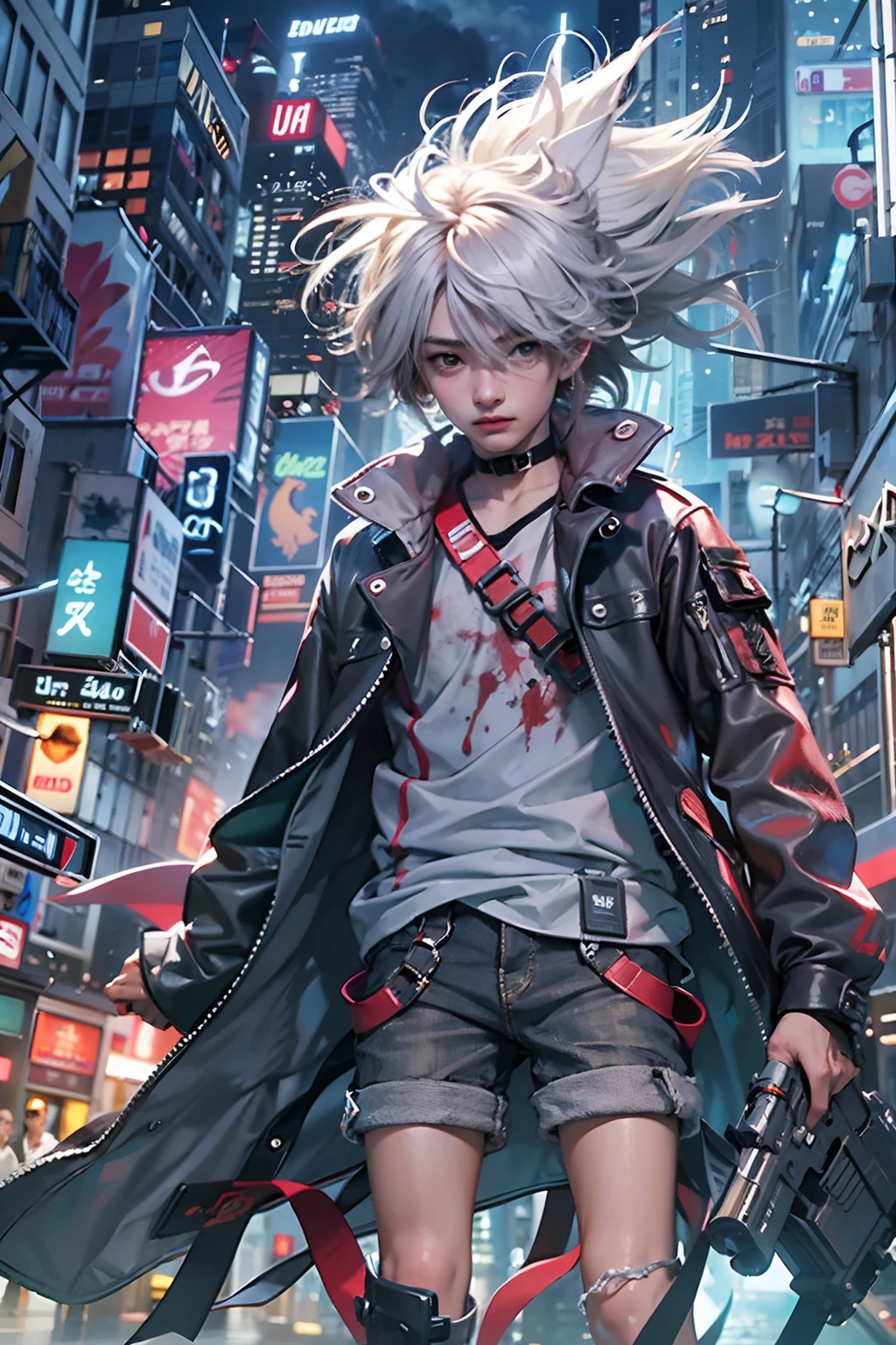 1boy,( boy:1.5)、Anime-style protagonist、Cyberpunk Boy、Colorful clothing、silber hair、Spiky hairstyle、machine gun、pistol、Whole body bloody、Shot from the knee up、The beginning of the adventure、Lots of clouds,heavy fog、Big Moon、Lightning、Chaotic city of the future、dystopian、A group of very tall skyscrapers stands in the center、Very complex cityscape,Crowded Chinese skyscrapers、Tall radio tower、Trees、street signs、streetlights、taxis、buses、Train、Blue lighting,Dark road、puddles、Chaotic、Beautiful and fantastic scenery、Cinematic scenery、hightquality、masutepiece,in 8K、hight resolution、
