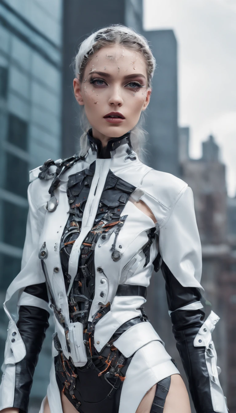 In a futuristic metropolis, Cyborg Woman, Her clothes were torn to shreds