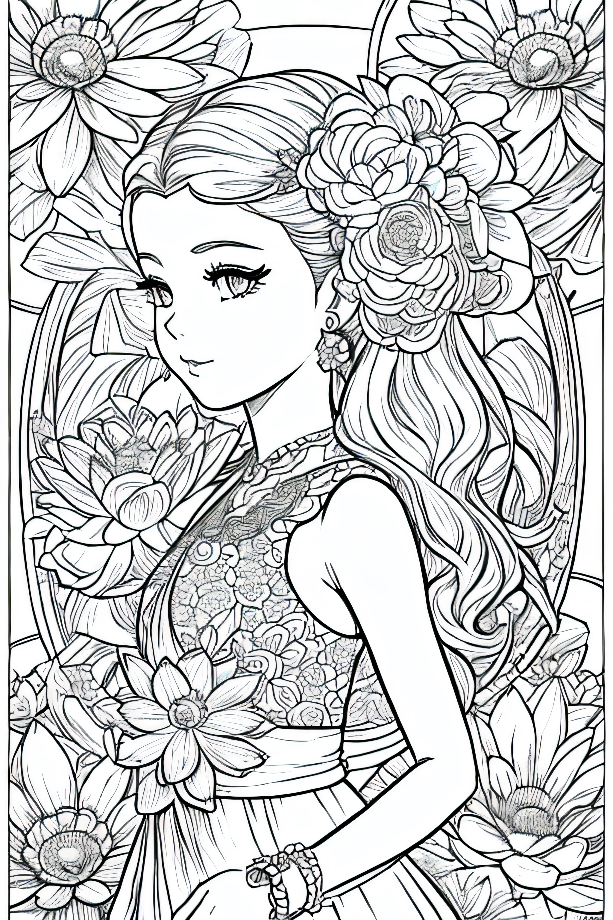 Black and white stick figure girl with lotus flower in background, Loli em vestido com flores, sua arte de linha de tinta fina, comiс style, Retrato da menina ploynesian, Marilyn Munroe, Glam hollywoodiano, bela arte de linha, black and white comic style, Manga style, Manga art style, Caricature drawing in pencil and ink, black and white coloring