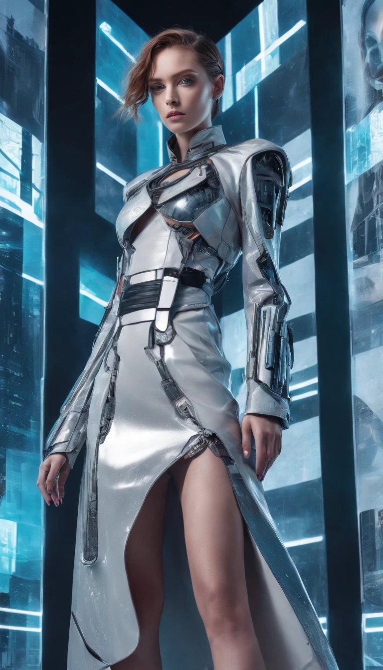 In a futuristic metropolis, Cyborg Woman, Her clothes were torn to shreds, Standing against the backdrop of towering holographic billboards