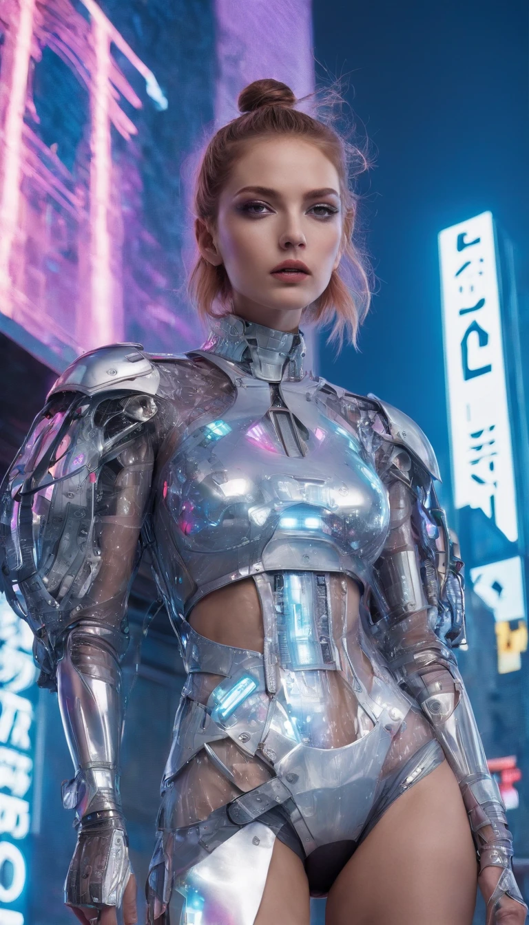 In a futuristic metropolis, Cyborg Woman, Her clothes were torn to shreds, Standing against the backdrop of towering holographic billboards