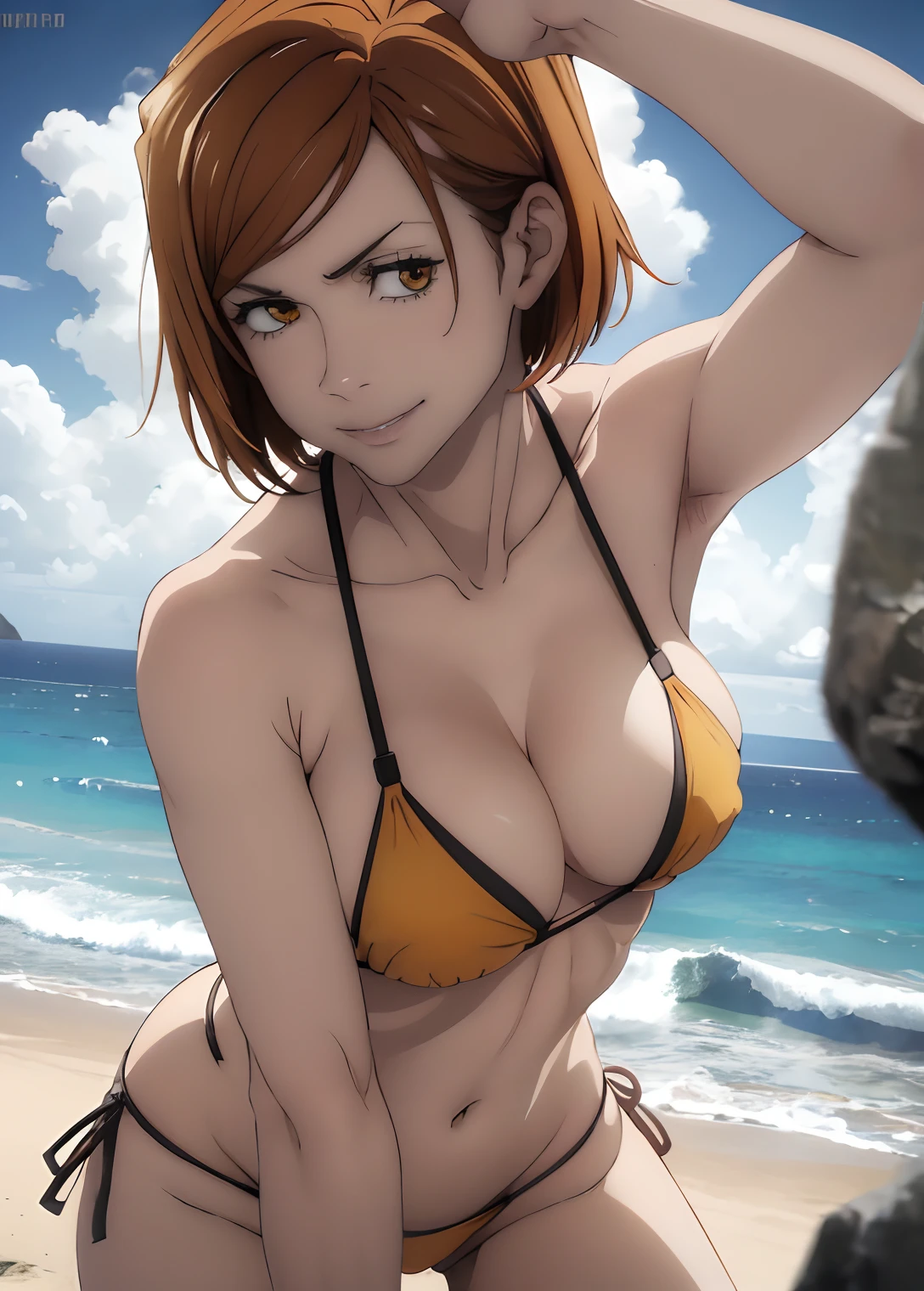 ((top quality, 8k, masterpiece: 1.3, ultra hd, high quality, best quality, high definition, realism)), sharp focus: 1.5, Model Nobara kugisaki, orange eyes, Mole under the outer edge of the eye, Short orange hair, breasts, (((Sexy and seductive pose, leaning forward))), thick thighs, ((((beach)))), ((yellow bikini)), cheeky smile, sea, ass, back