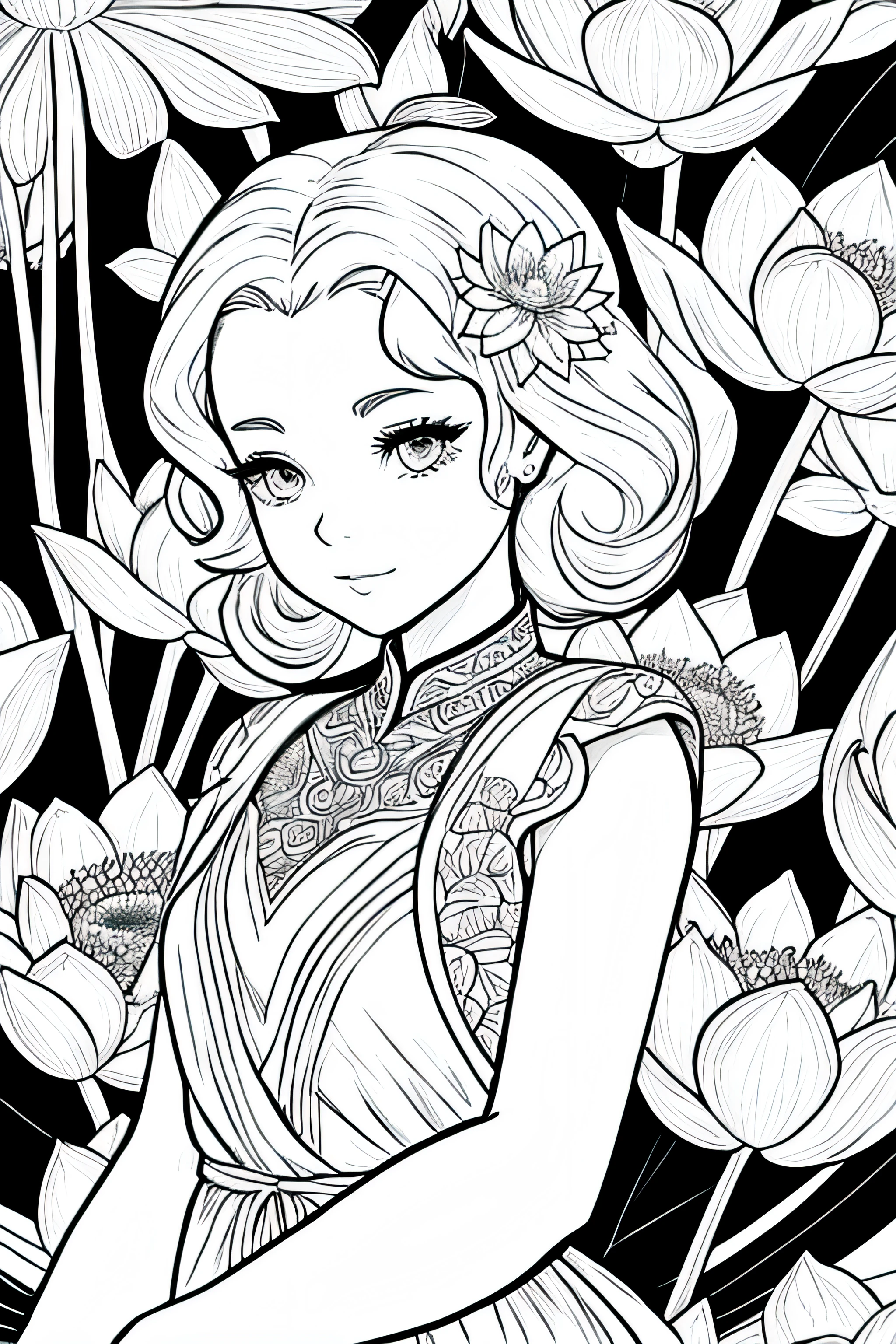 Black and white stick figure girl with lotus flower in background, em vestido com flores, sua arte de linha de tinta fina, comiс style, Retrato da meniynesian, Marilyn Munroe, Glam hollywoodiano, bela arte de linha, black and white comic style, Manga style, Manga art style, Caricature drawing in pencil and ink, black and white coloring